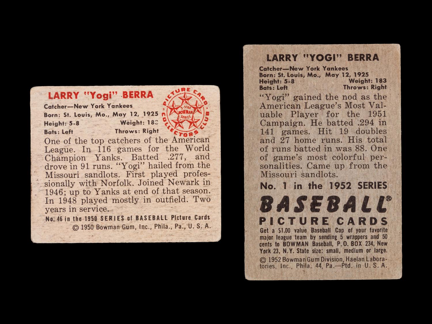 A Group of Two 1950s Bowman Yogi Berra Baseball Cards,