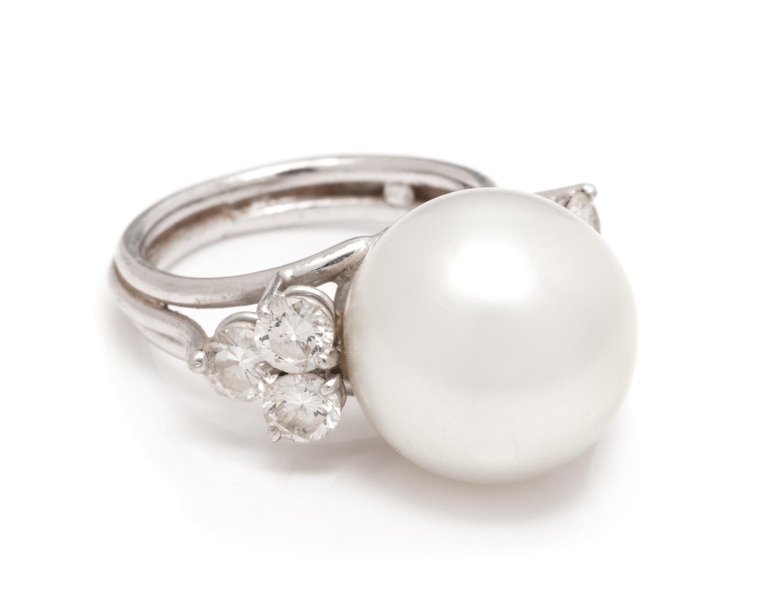 An 18 Karat White Gold, Cultured South Sea Pearl and Diamond Ring,