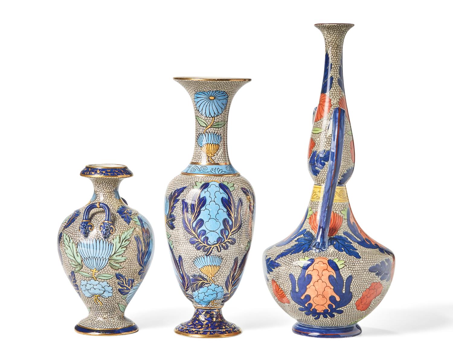 Three Wedgwood Polychrome Decorated Creamware Vases