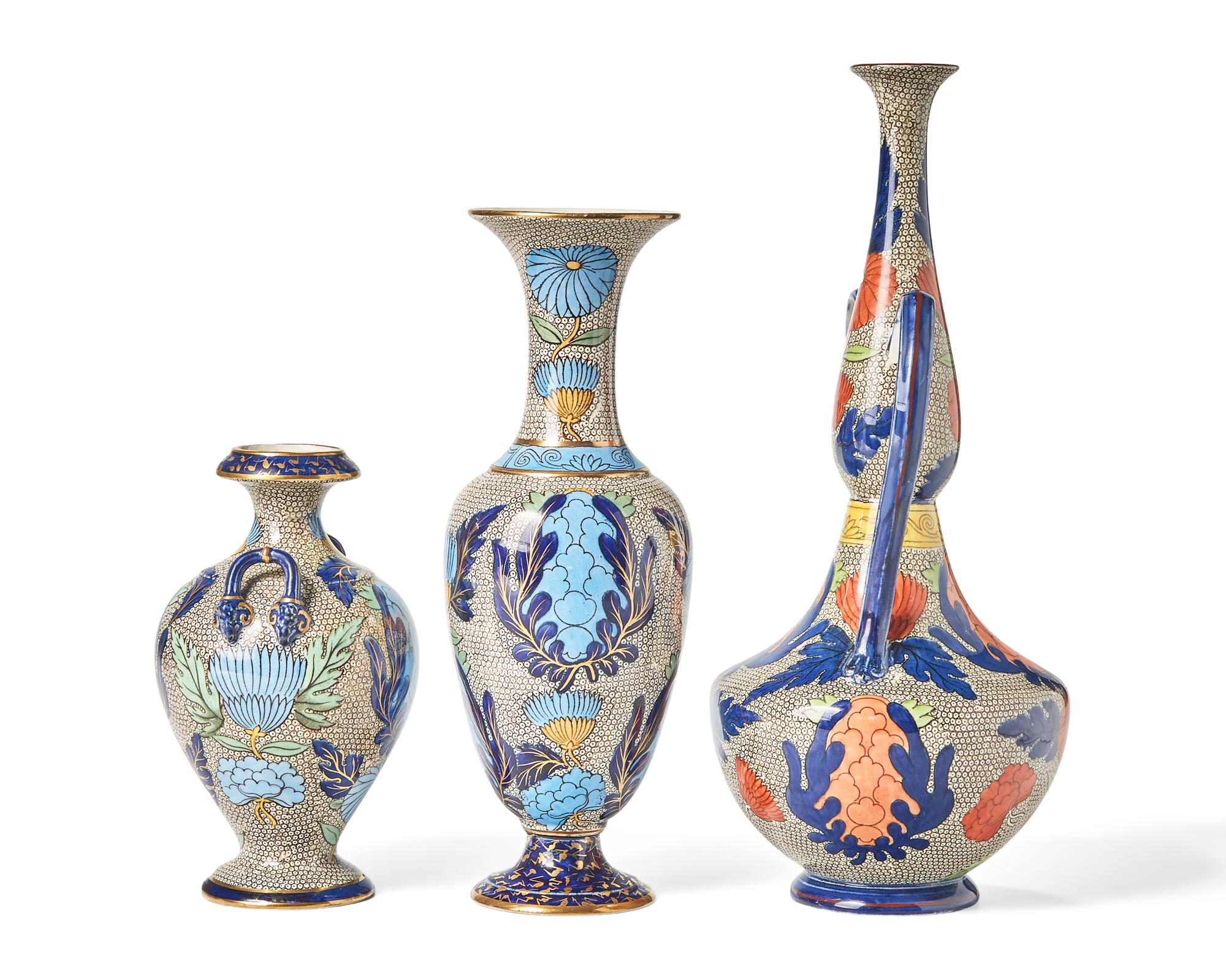 Three Wedgwood Polychrome Decorated Creamware Vases