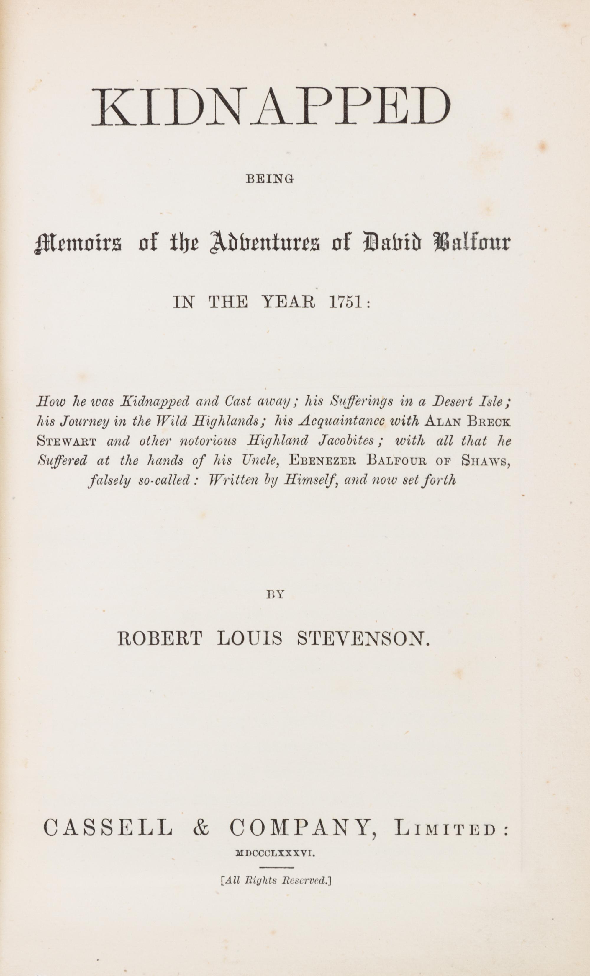 STEVENSON, ROBERT LOUIS. St. Ives. London, 1898. With Kidnapped. London, 1886. First editions, bound by Bayntun.