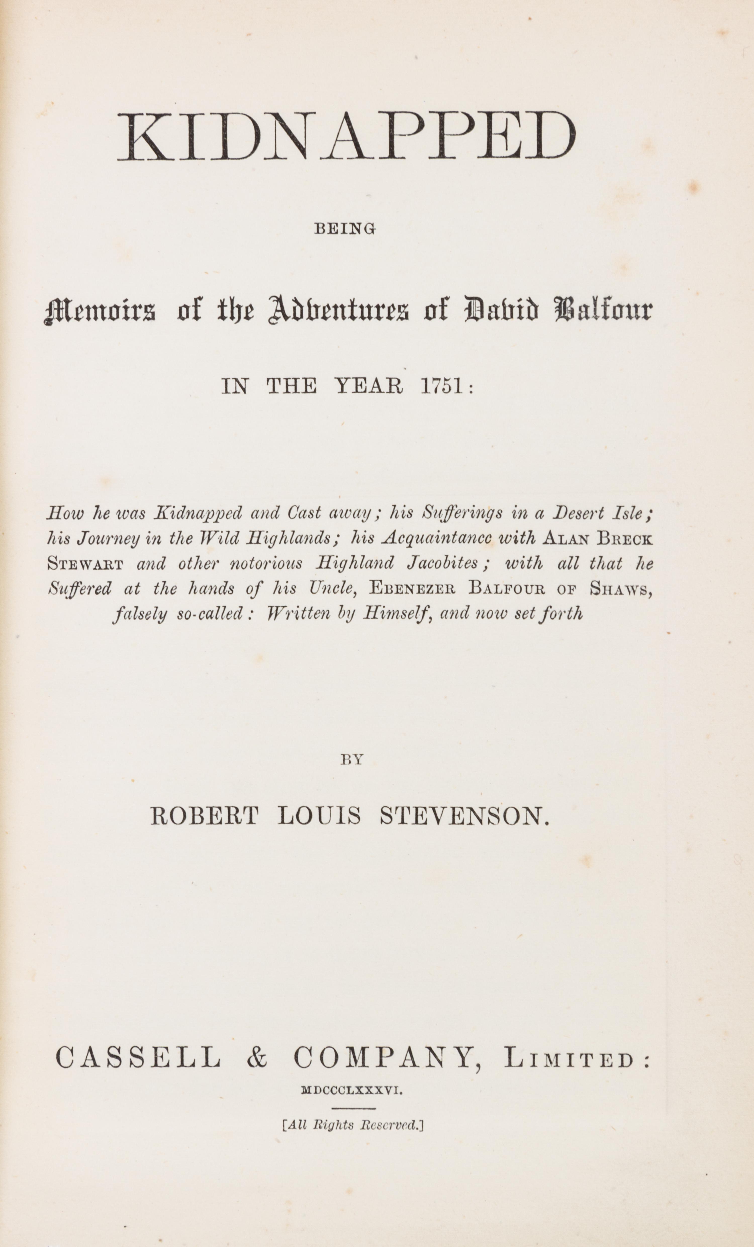 STEVENSON, ROBERT LOUIS. St. Ives. London, 1898. With Kidnapped. London, 1886. First editions, bound by Bayntun.