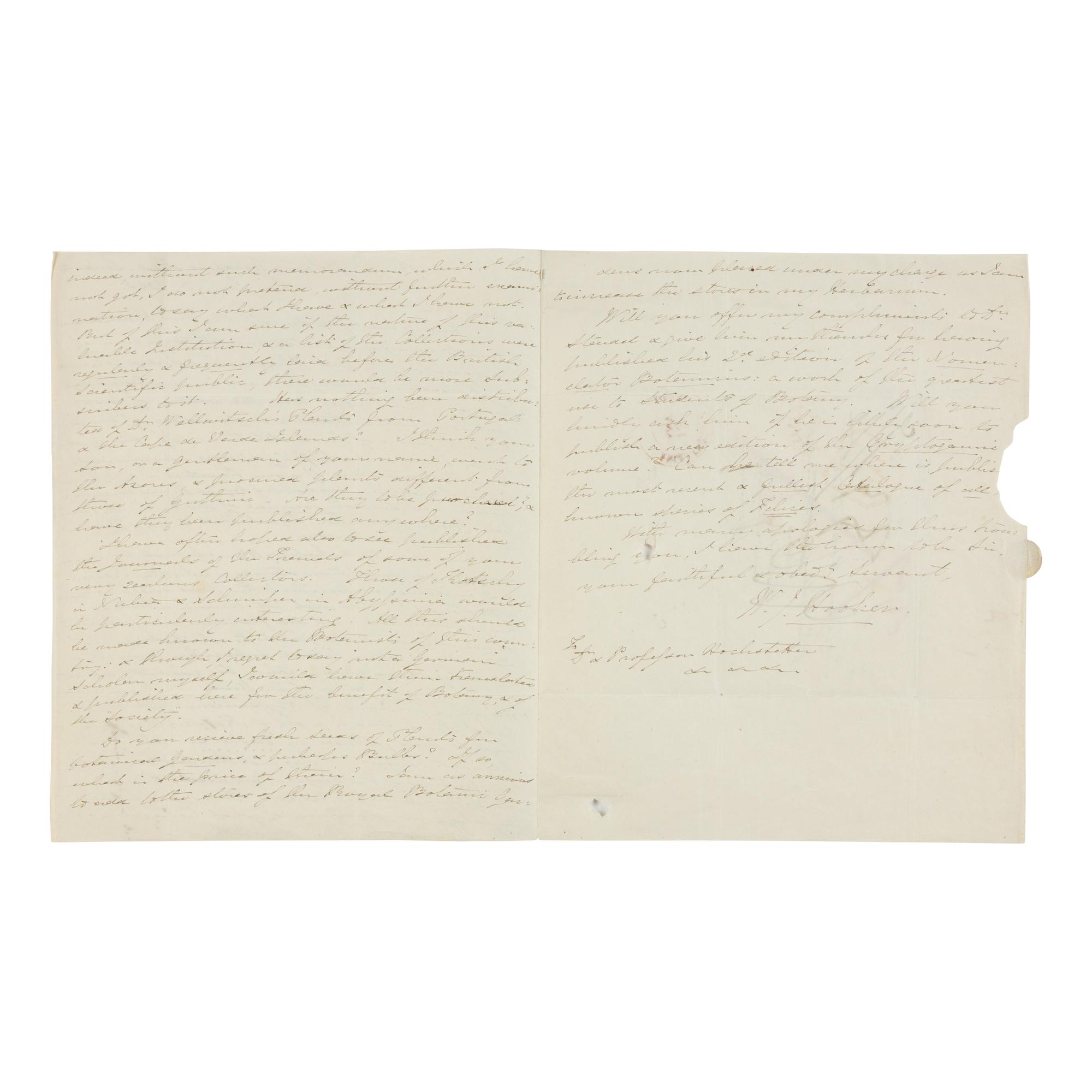 [Natural History] Hooker, William Jackson. Autograph letter, signed