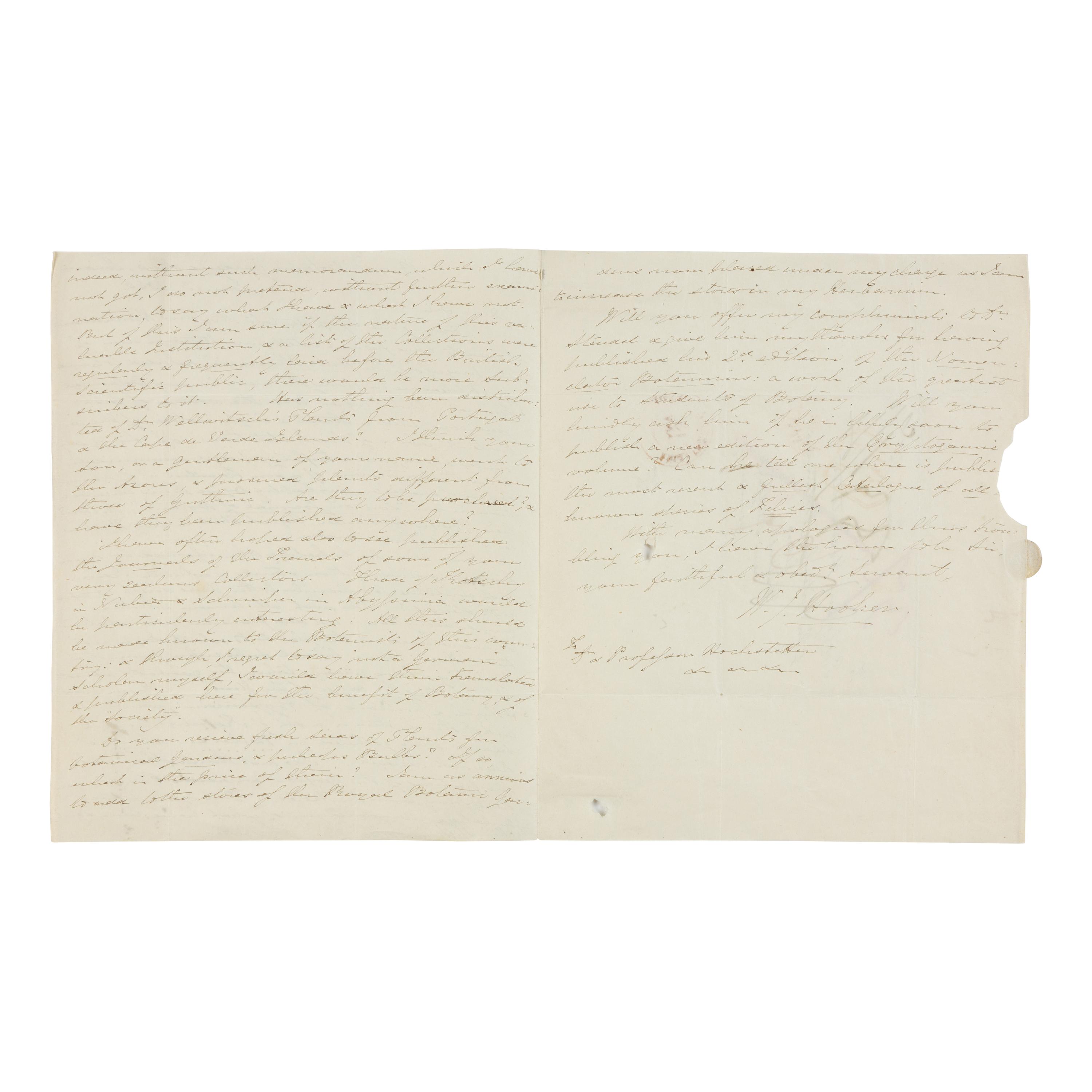 [Natural History] Hooker, William Jackson. Autograph letter, signed