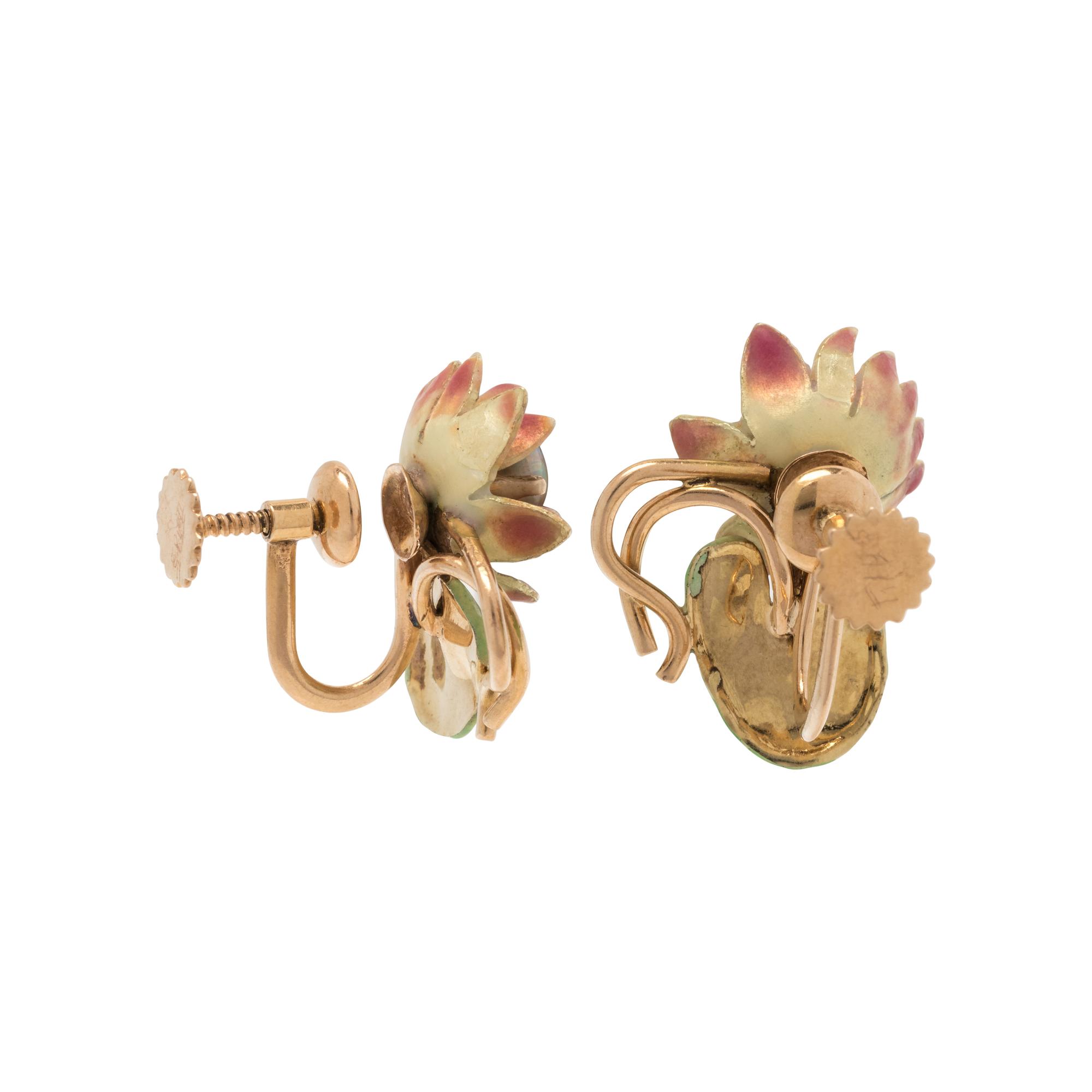 OPAL AND ENAMEL LILYPAD EARCLIPS