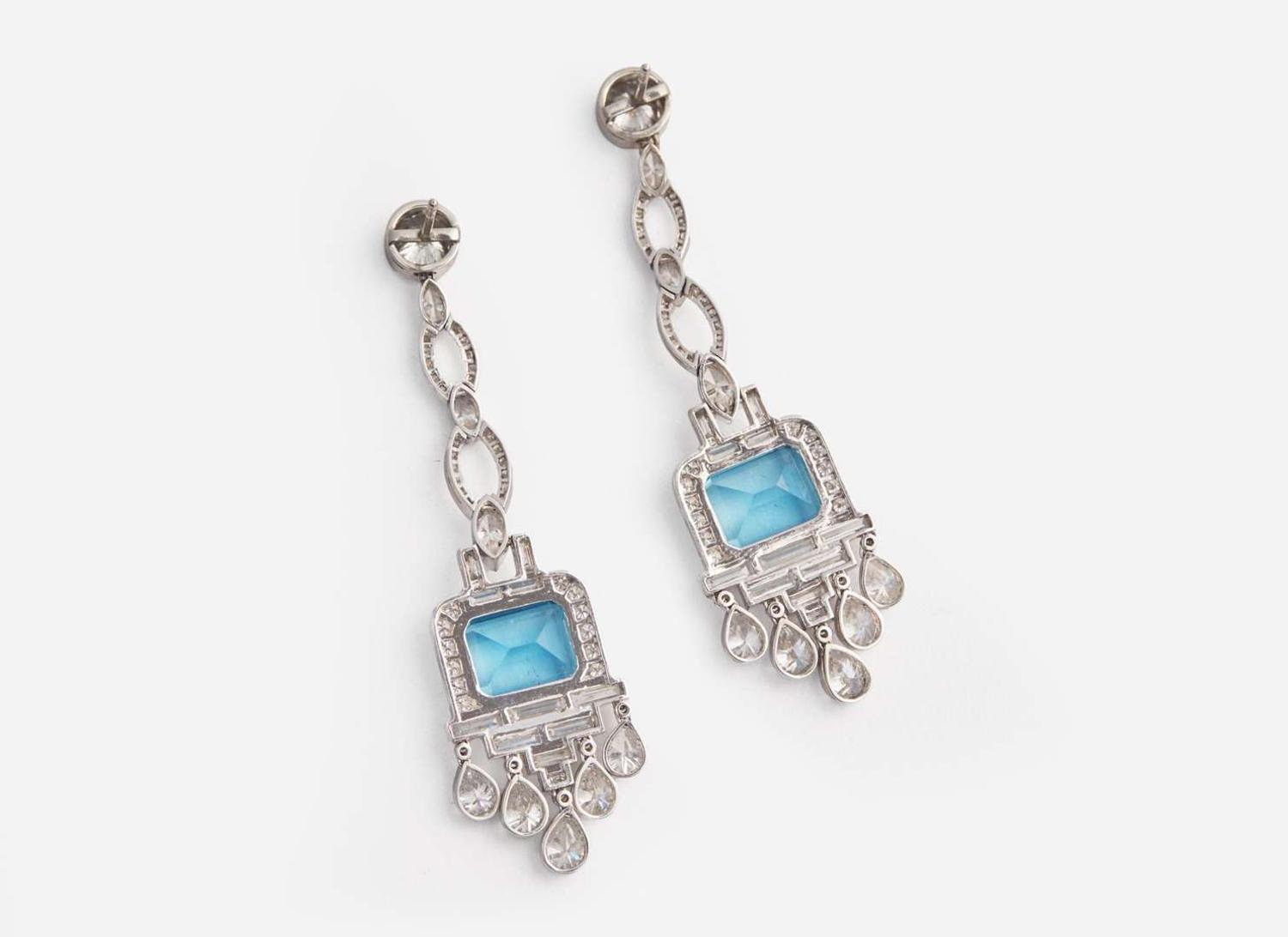 A Pair of Art Deco Platinum, Aquamarine, and Diamond Earrings