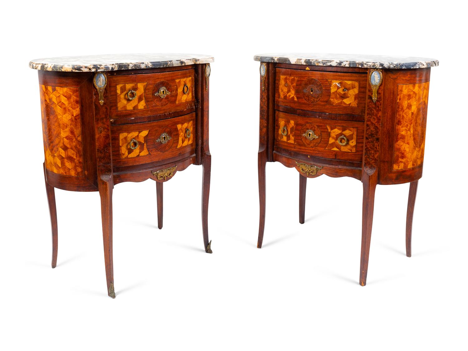 A Pair of Louis XV/XVI Transistional Style Parquetry Inlaid Marble Top Side Cabinets — 20TH CENTURY
