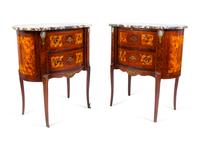 A Pair of Louis XV/XVI Transistional Style Parquetry Inlaid Marble Top Side Cabinets — 20TH CENTURY