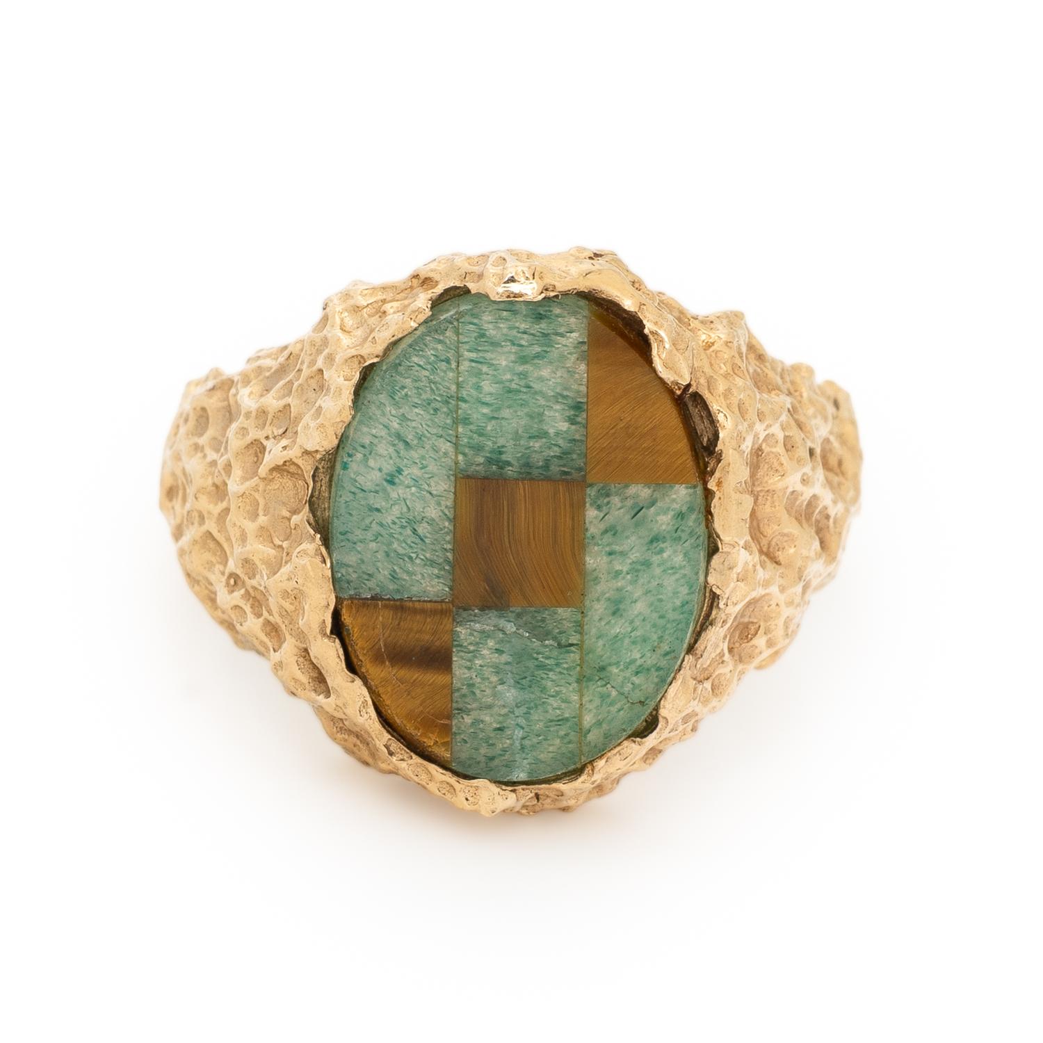 YELLOW GOLD, AVENTURINE QUARTZ, AND TIGER'S EYE RING