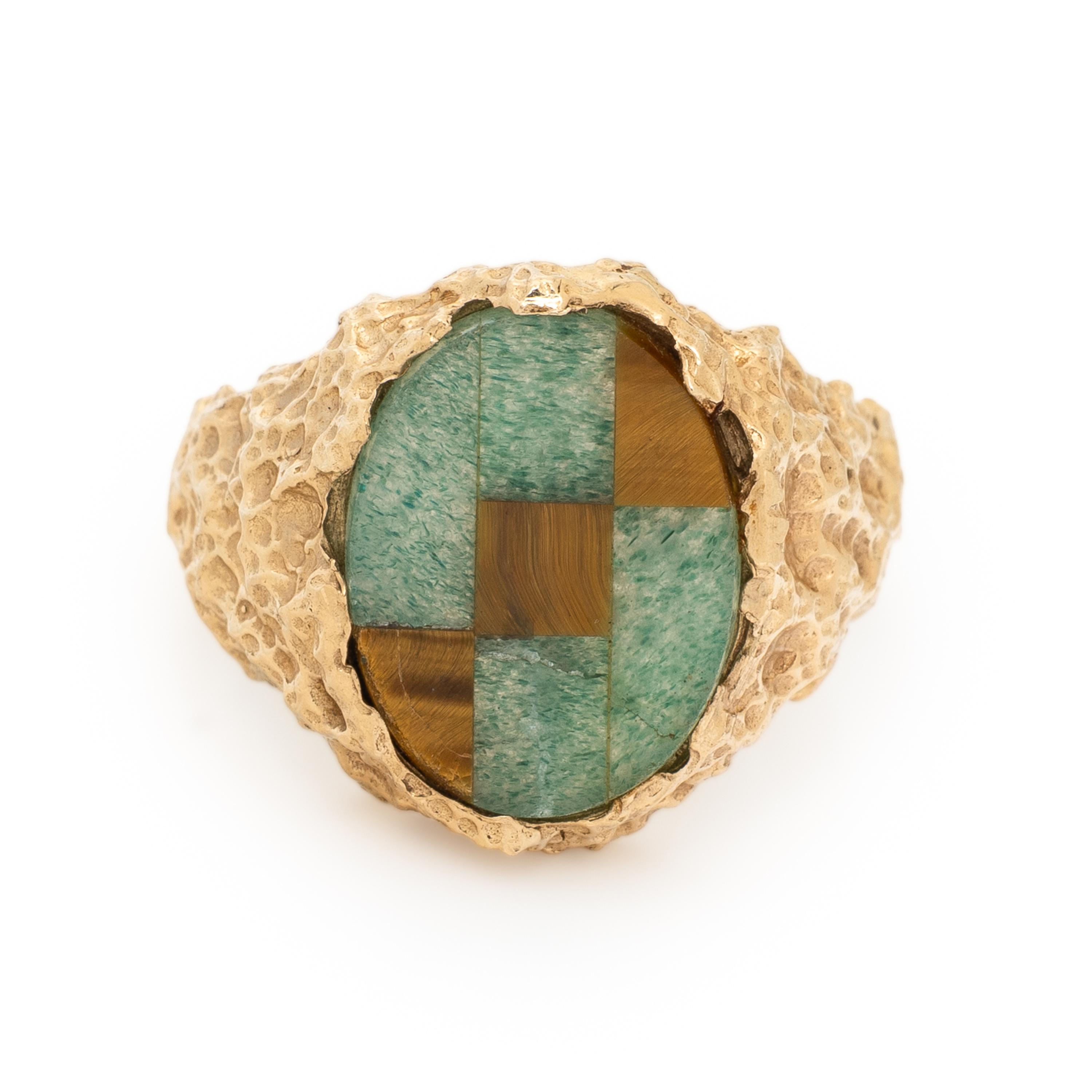 YELLOW GOLD, AVENTURINE QUARTZ, AND TIGER'S EYE RING