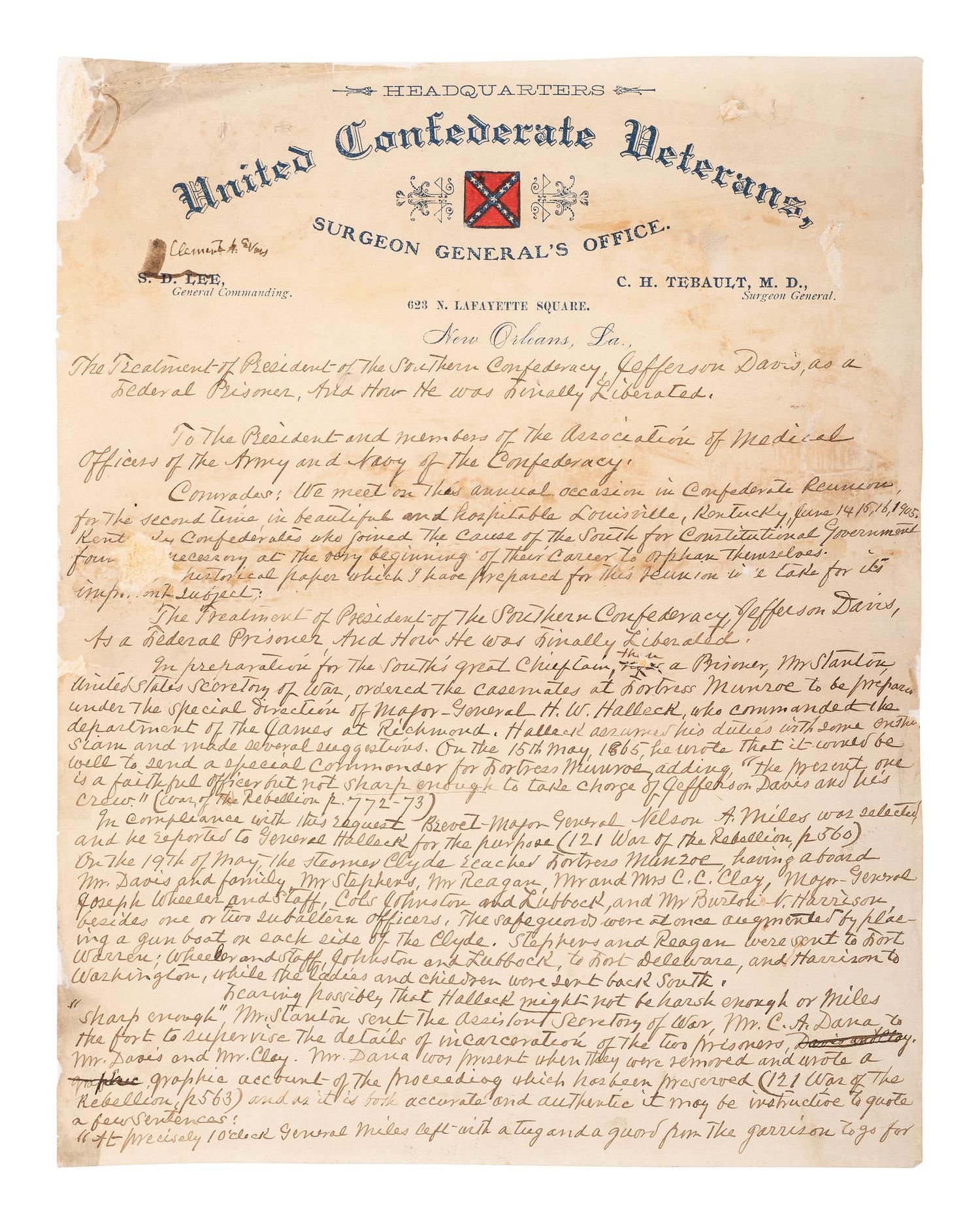 [CIVIL WAR]. Description of the treatment of Jefferson Davis as a federal prisoner & his liberation.