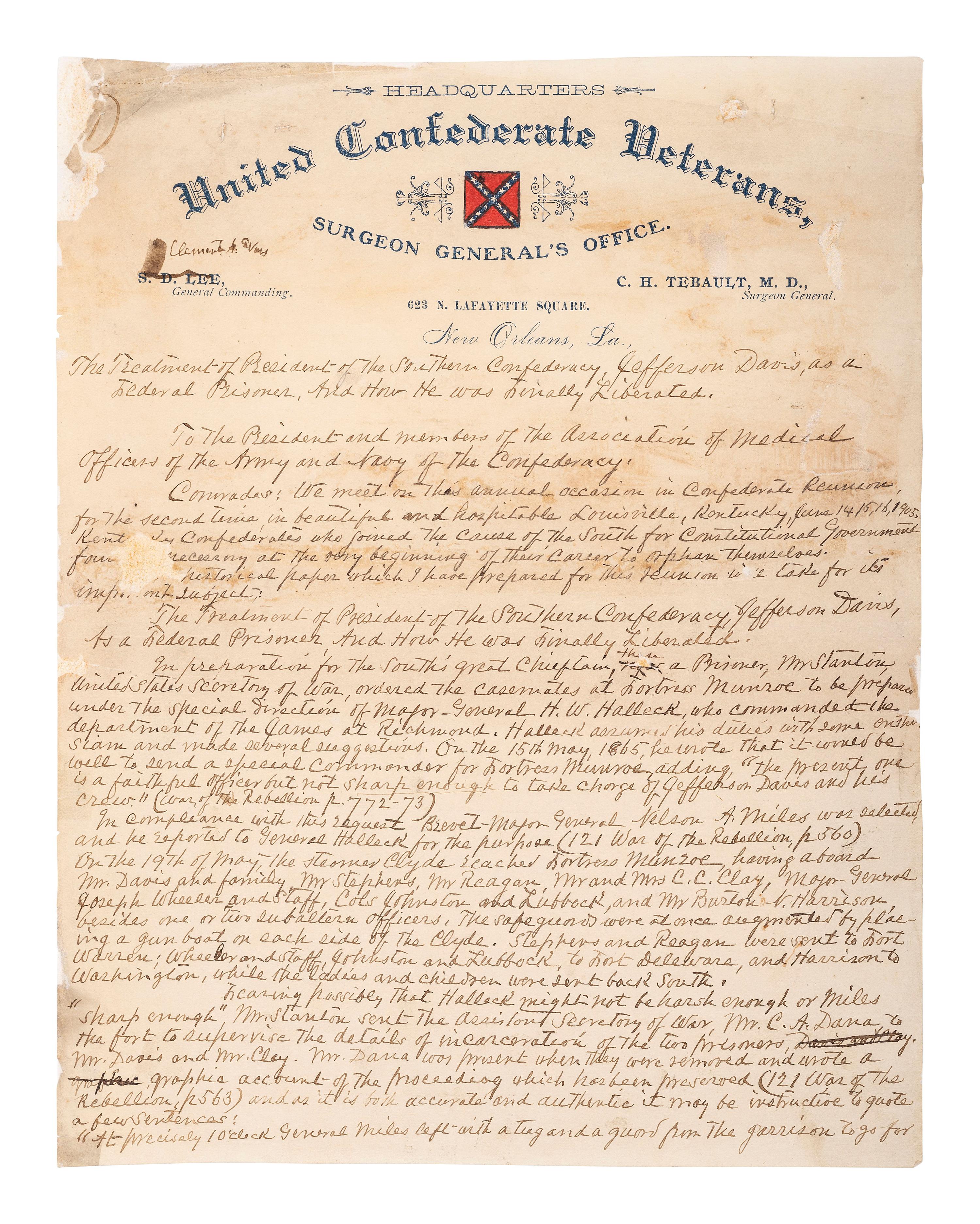 [CIVIL WAR]. Description of the treatment of Jefferson Davis as a federal prisoner & his liberation.