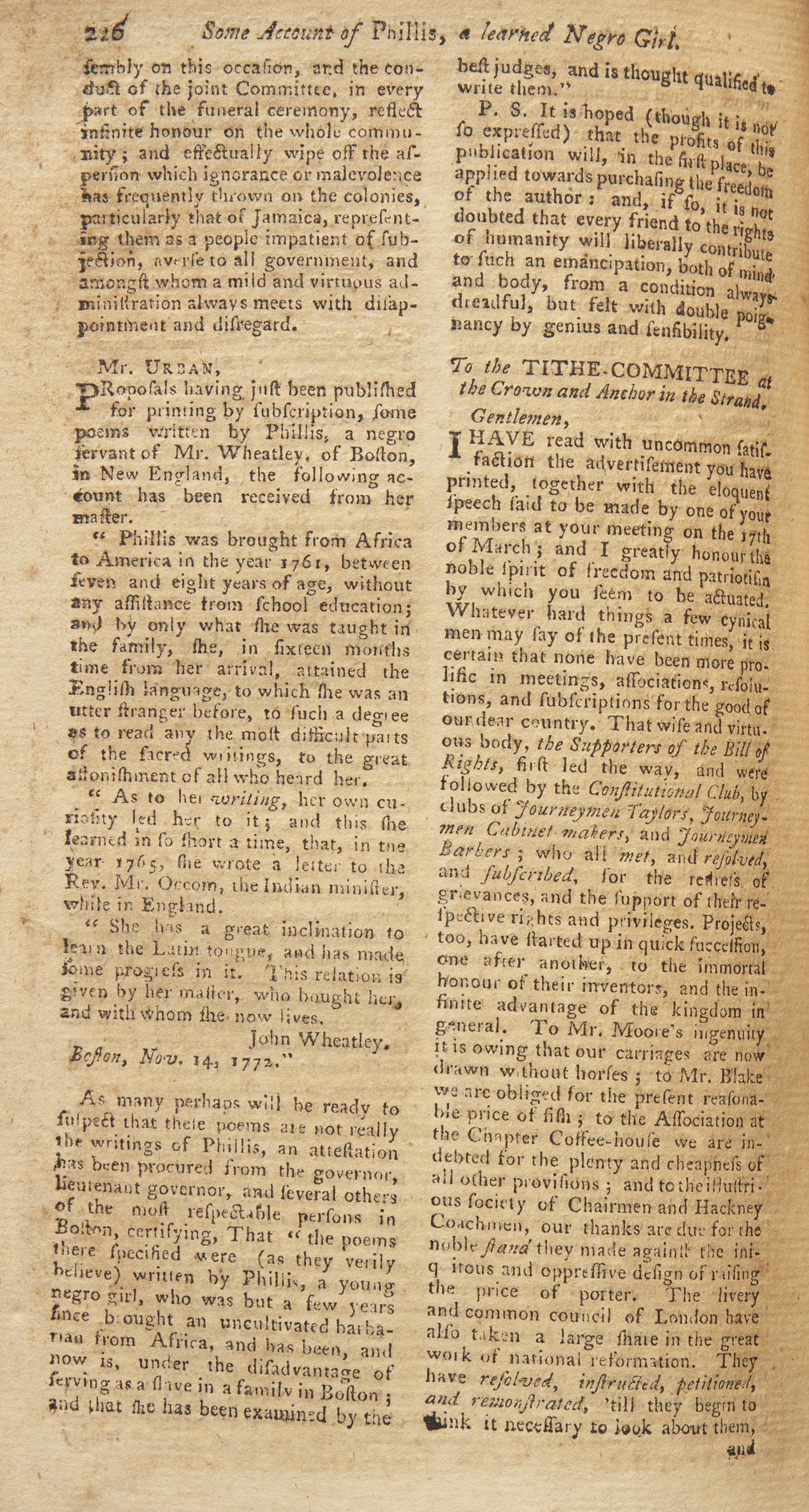 [African-Americana] [Wheatley, Phillis] Urban, Sylvanus. Phillis Wheatley's Fourth Published Poem "On Recollection"