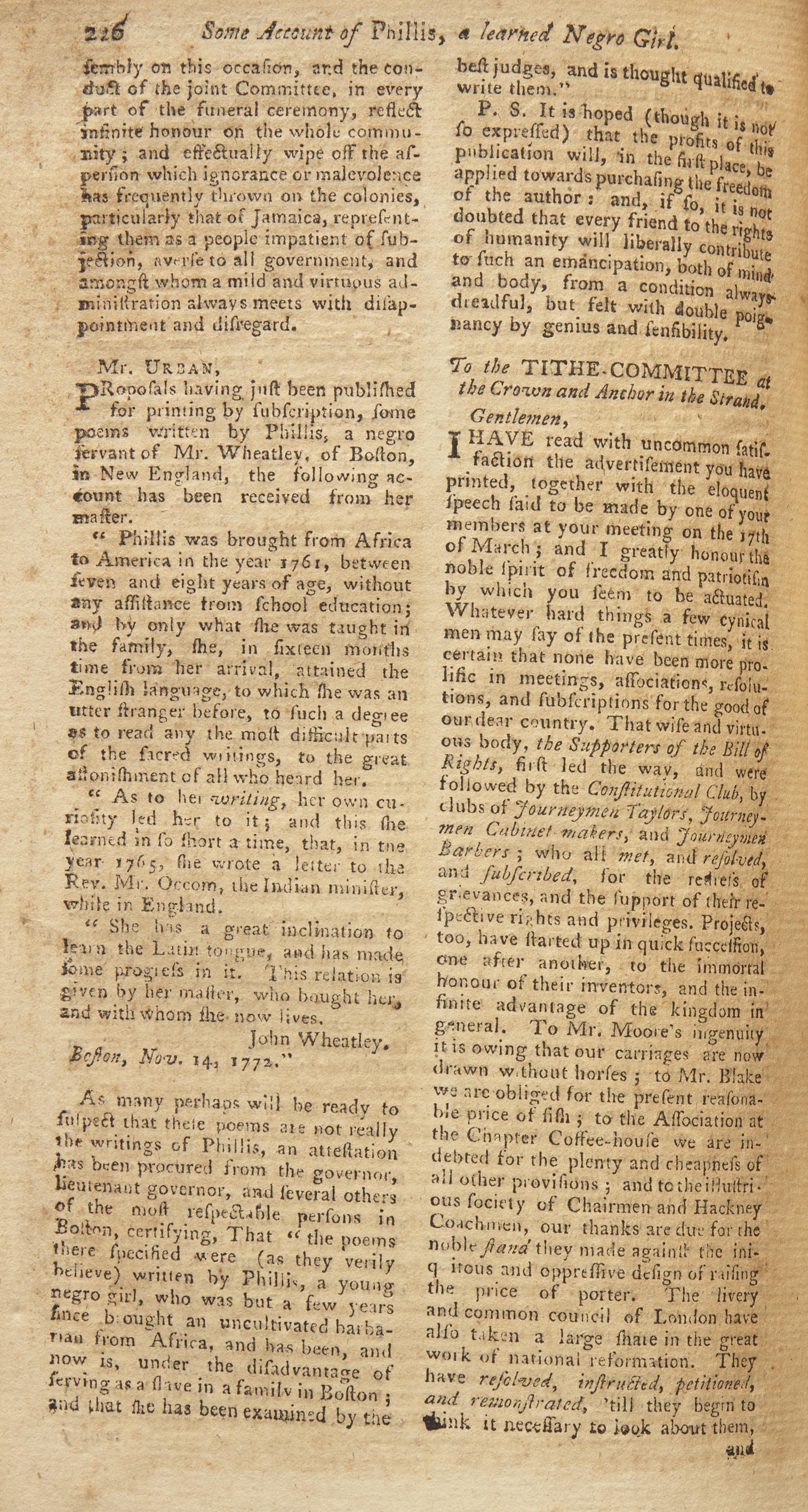 [African-Americana] [Wheatley, Phillis] Urban, Sylvanus. Phillis Wheatley's Fourth Published Poem "On Recollection"