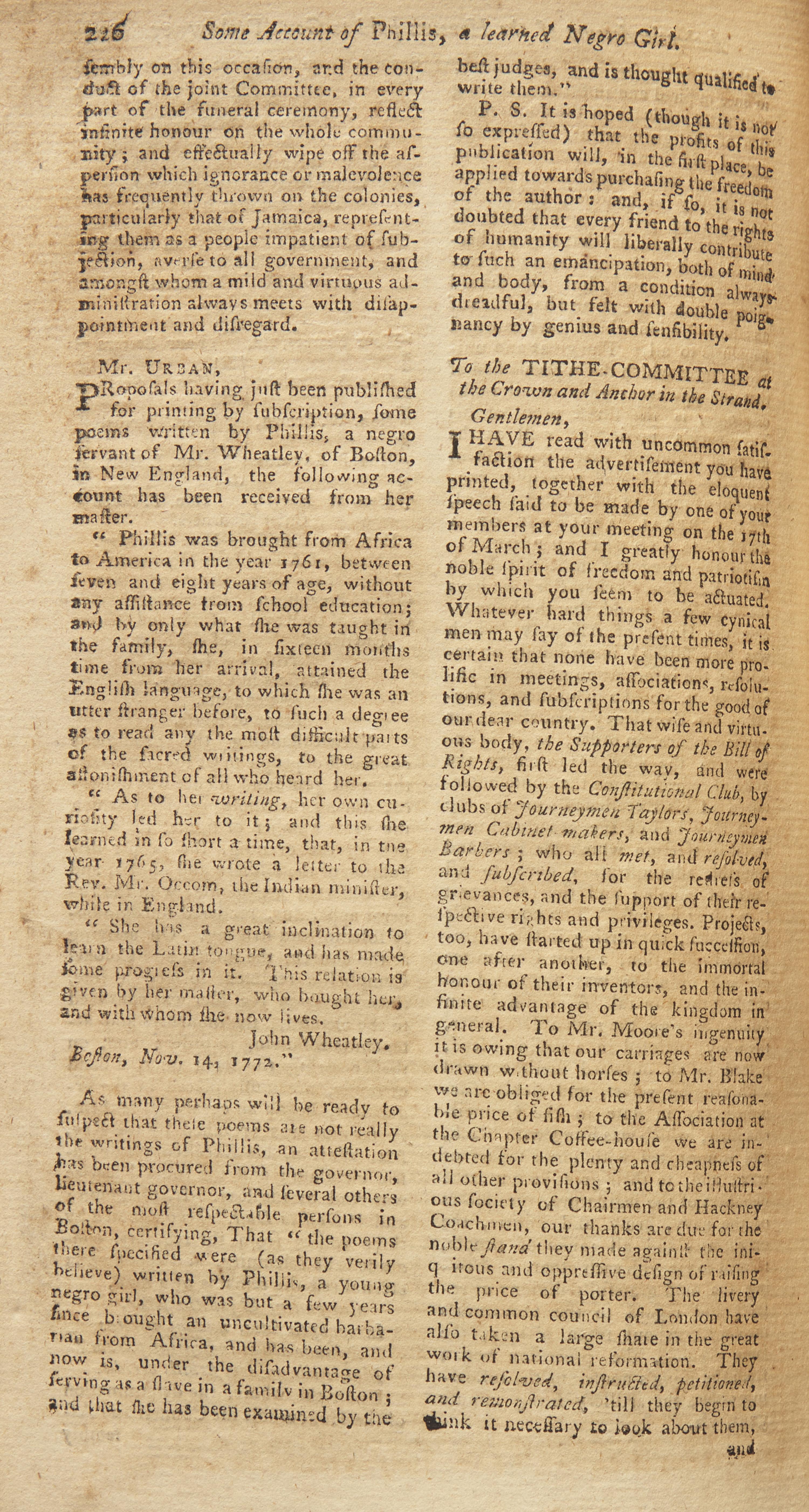 [African-Americana] [Wheatley, Phillis] Urban, Sylvanus. Phillis Wheatley's Fourth Published Poem "On Recollection"