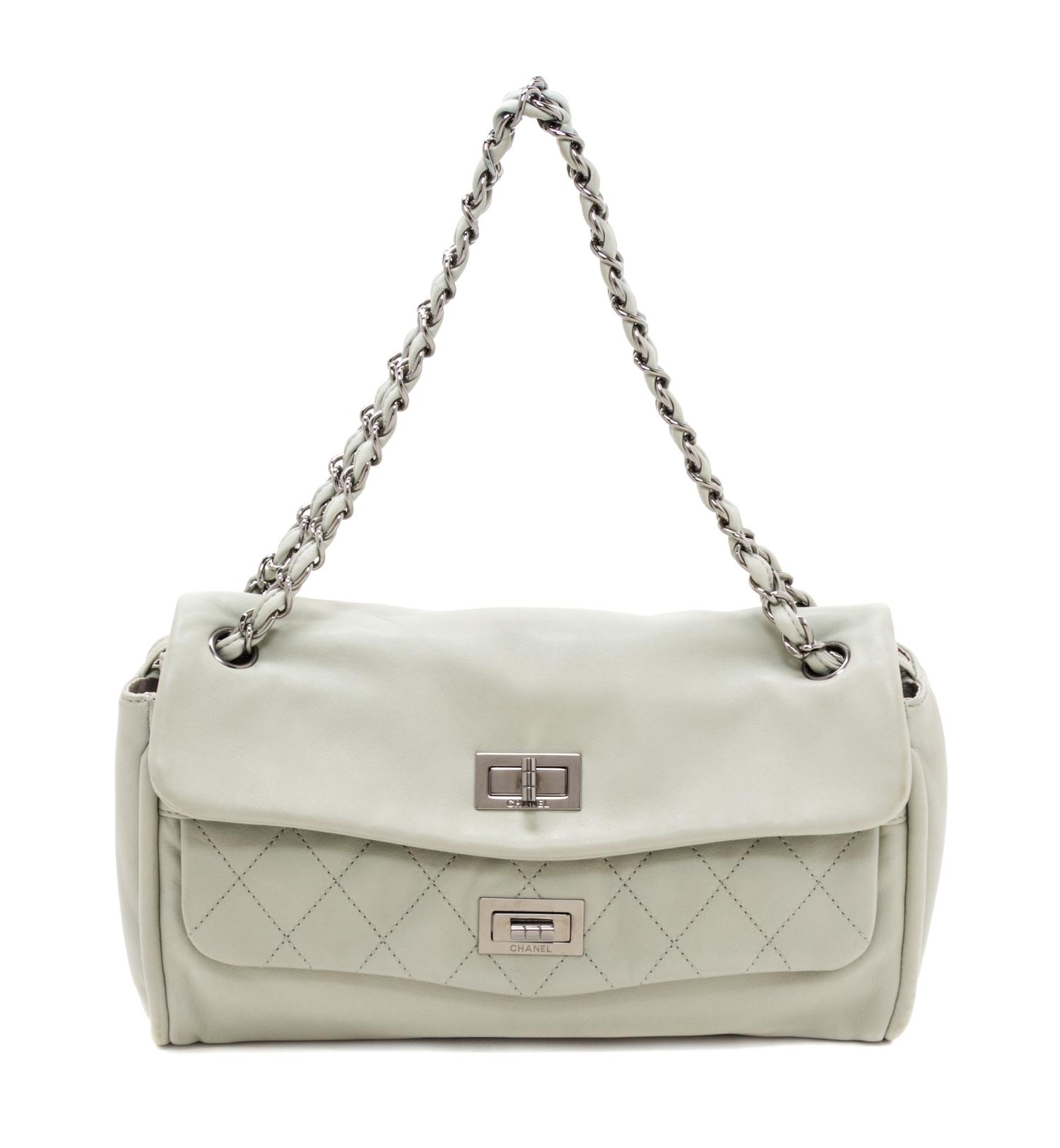 A Chanel Celadon Calfskin Leather Double Flap Handbag, 12" x 8" x 3".