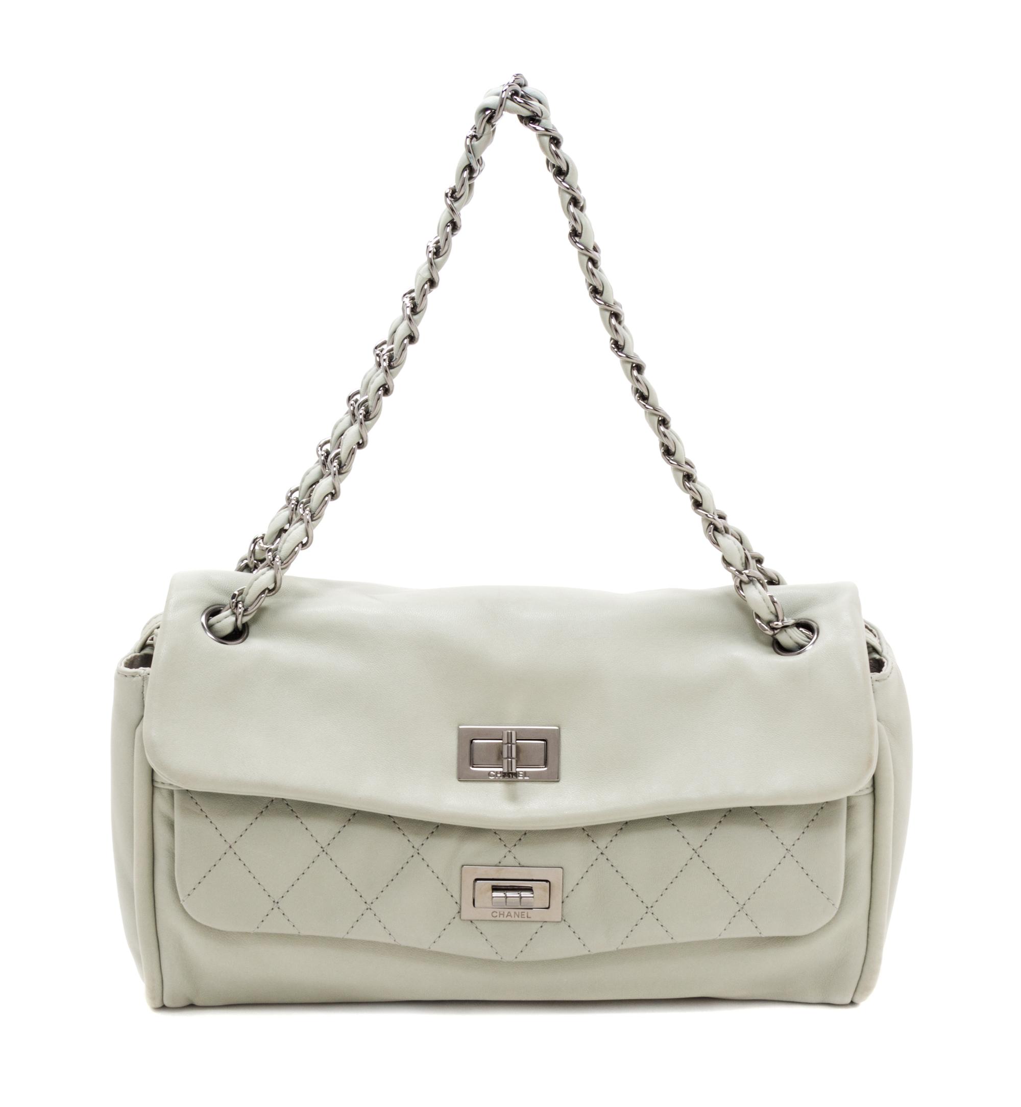 A Chanel Celadon Calfskin Leather Double Flap Handbag, 12" x 8" x 3".