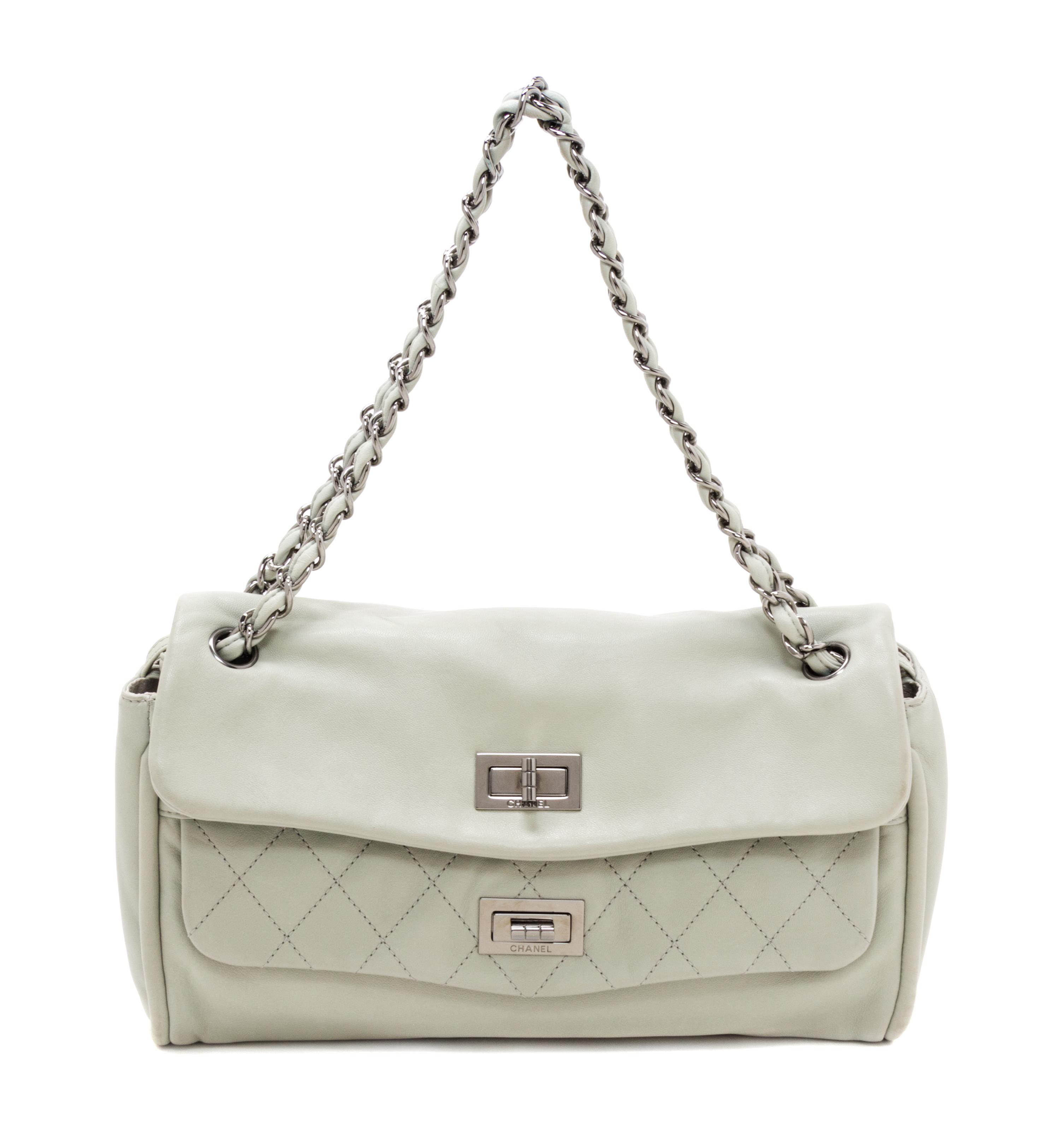 A Chanel Celadon Calfskin Leather Double Flap Handbag, 12" x 8" x 3".