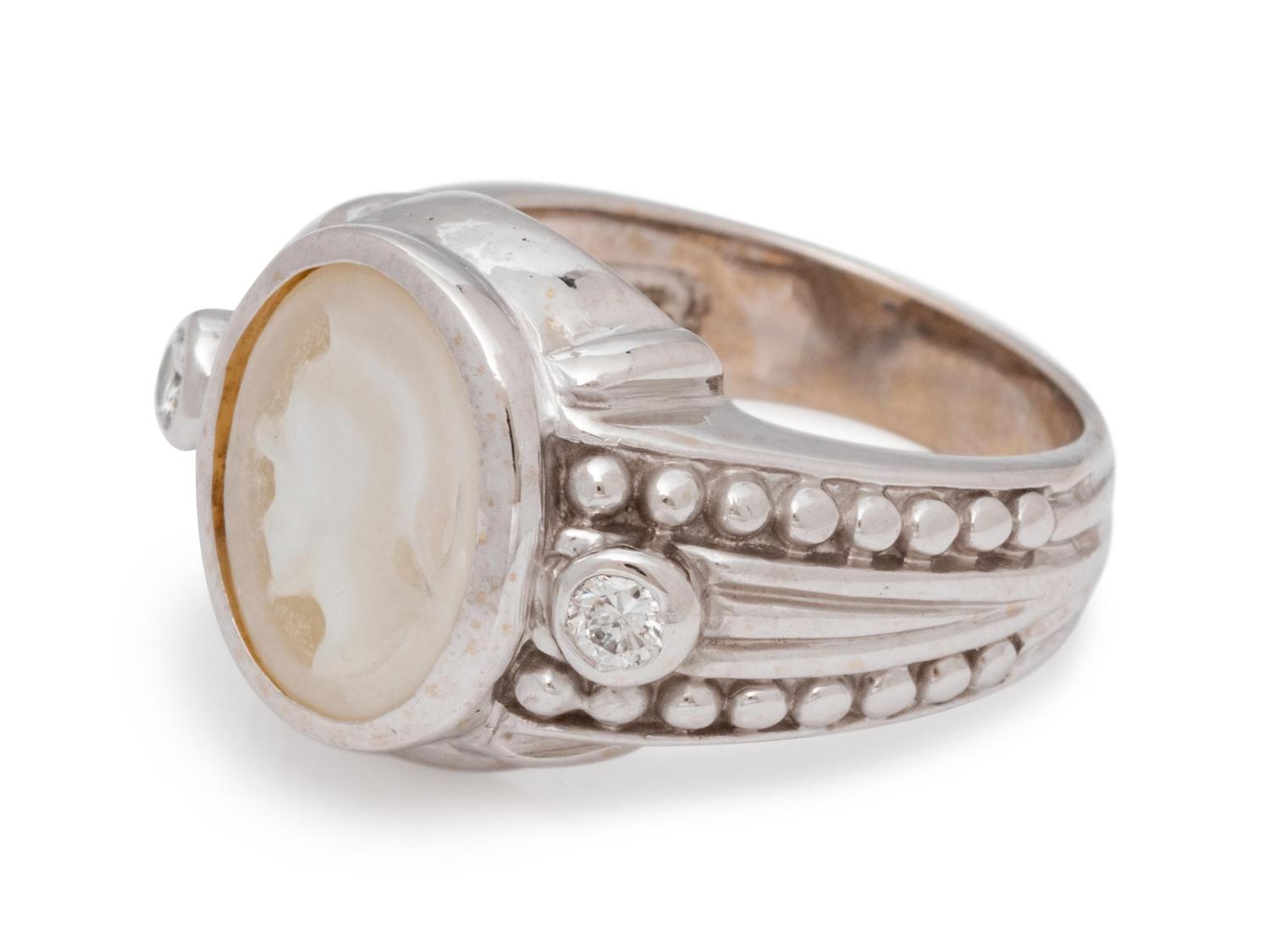 An 18 Karat White Gold, Carved Hardstone and Diamond Ring, Judith Ripka,