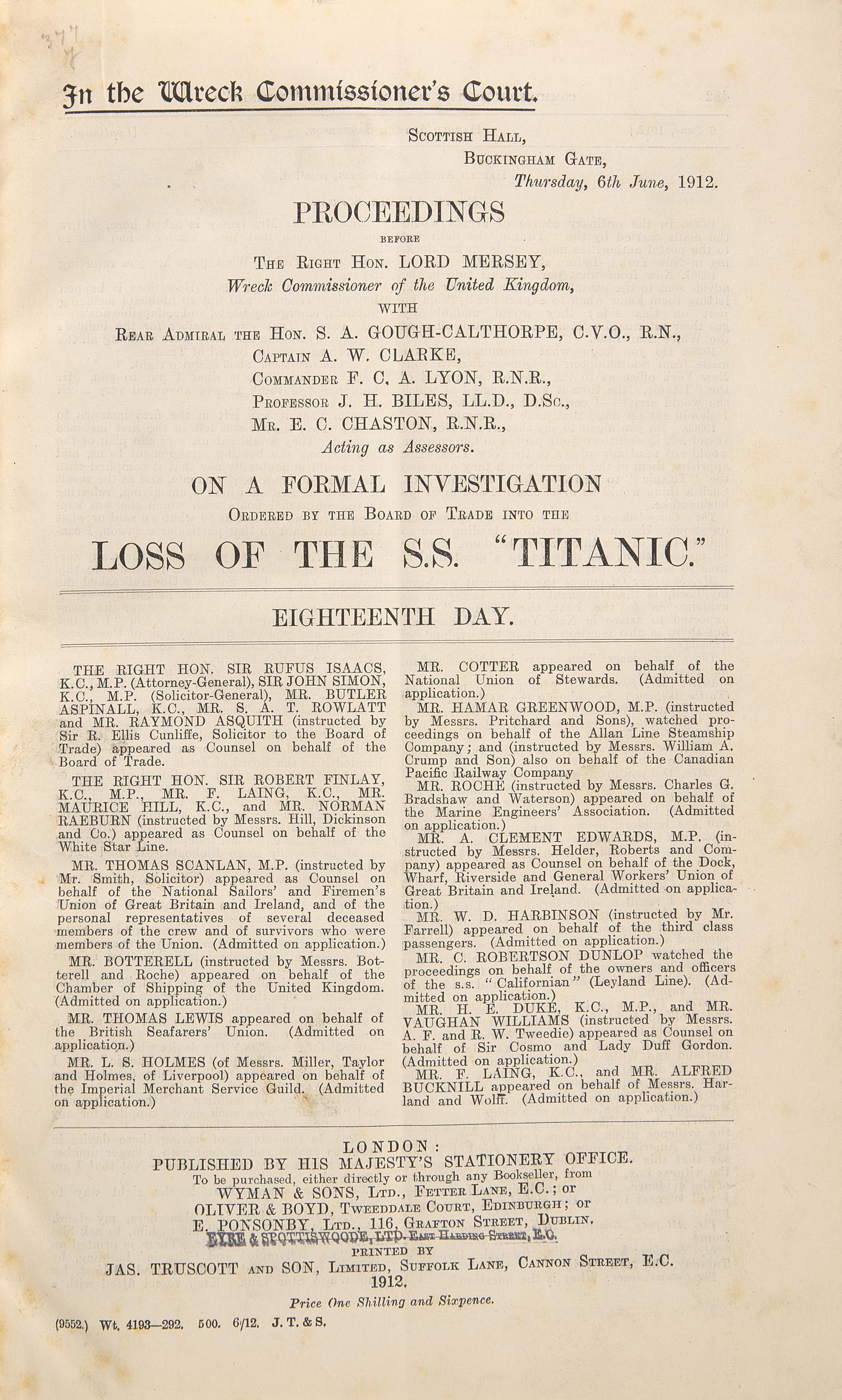 [Titanic] Proceedings Before The Right Hon. Lord Mersey...On a Formal Investigation Ordered by the Board of Trade Into the Loss of the S.S. "Titanic."