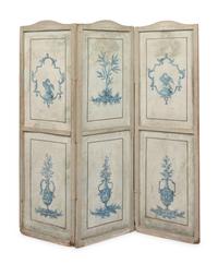 A Painted Canvas Three-Panel Floor Screen