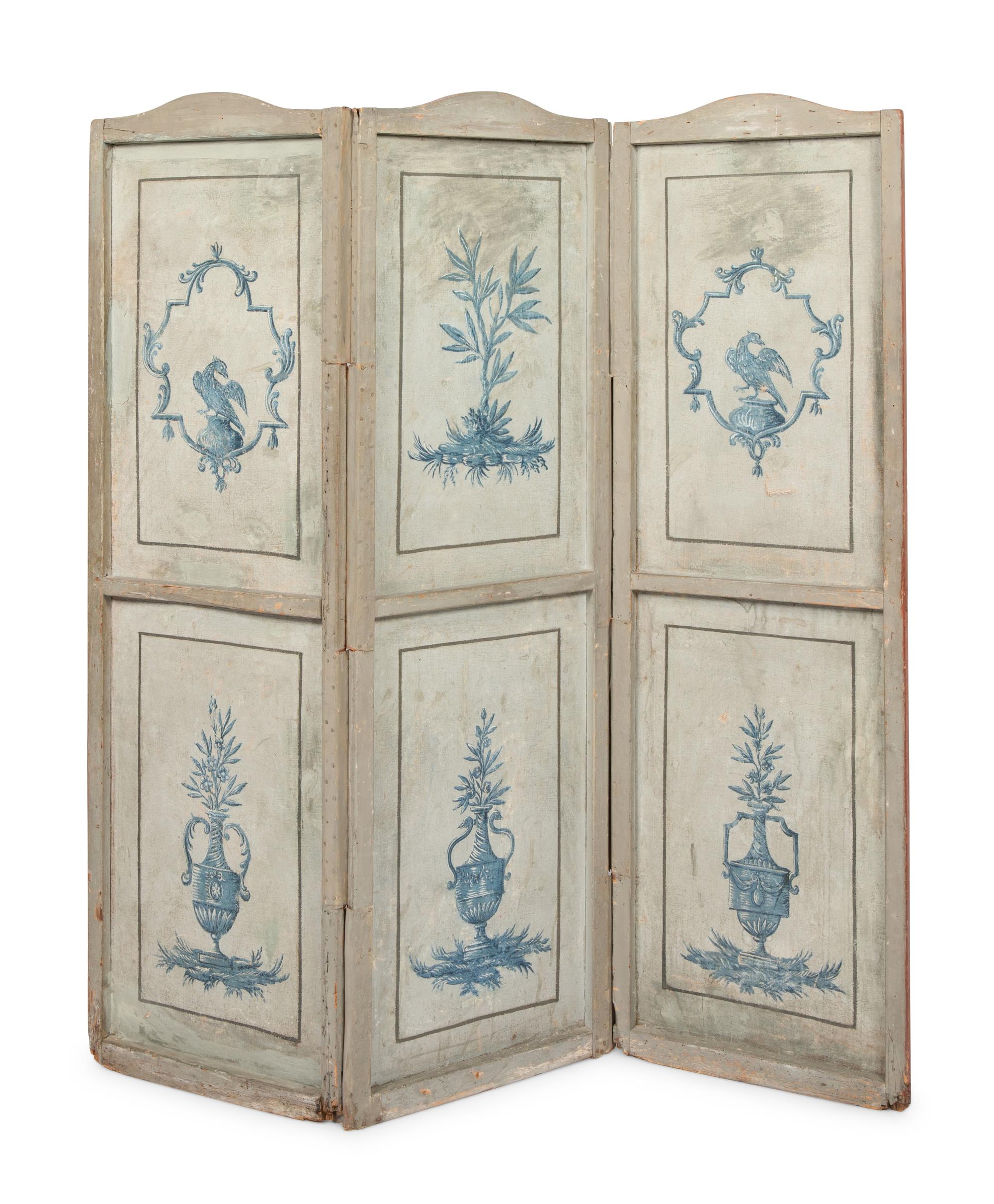 A Painted Canvas Three-Panel Floor Screen