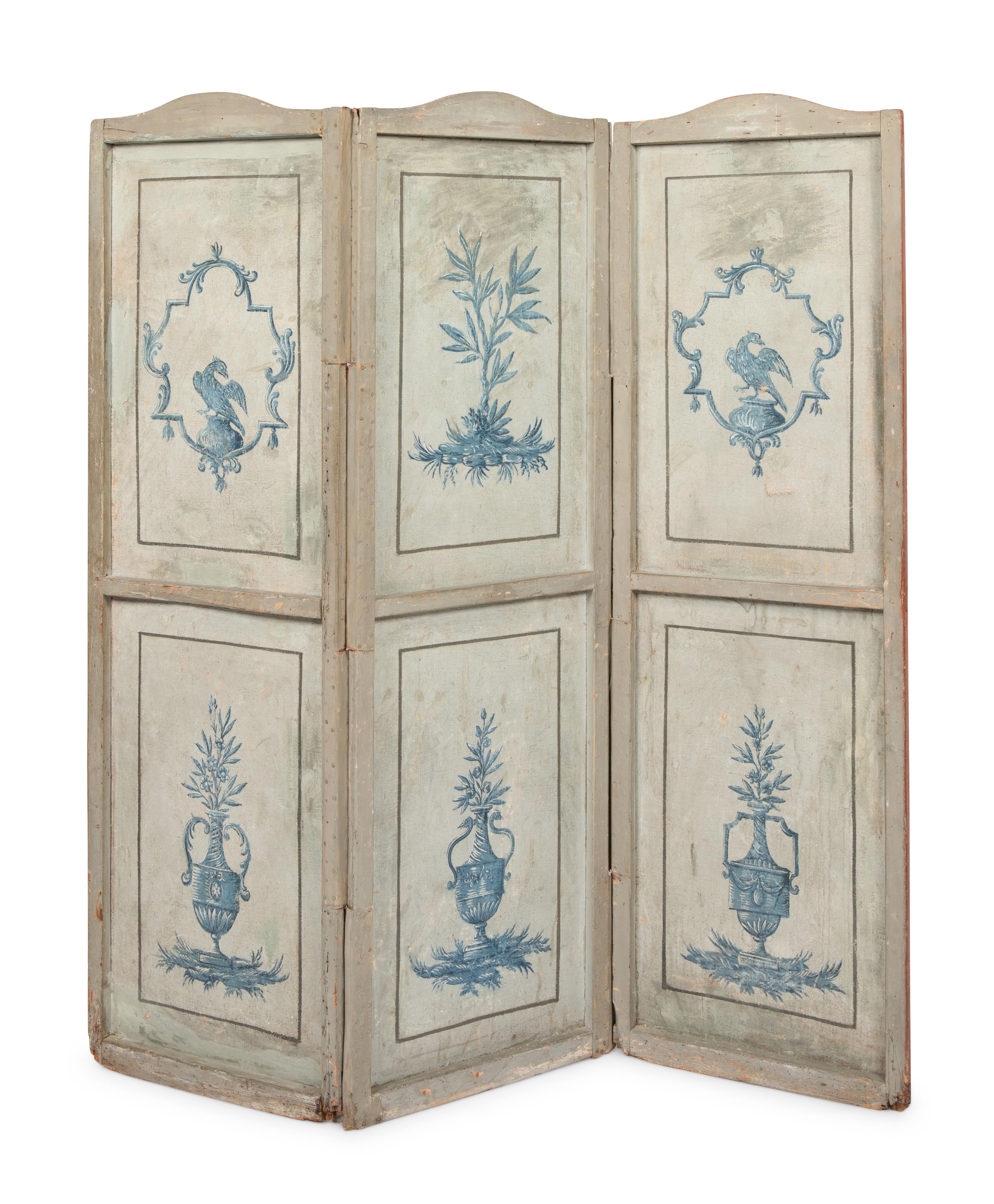 A Painted Canvas Three-Panel Floor Screen
