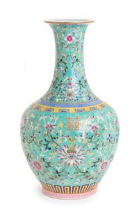 A Famille Rose Porcelain Vase Height 12 1/4 inches.