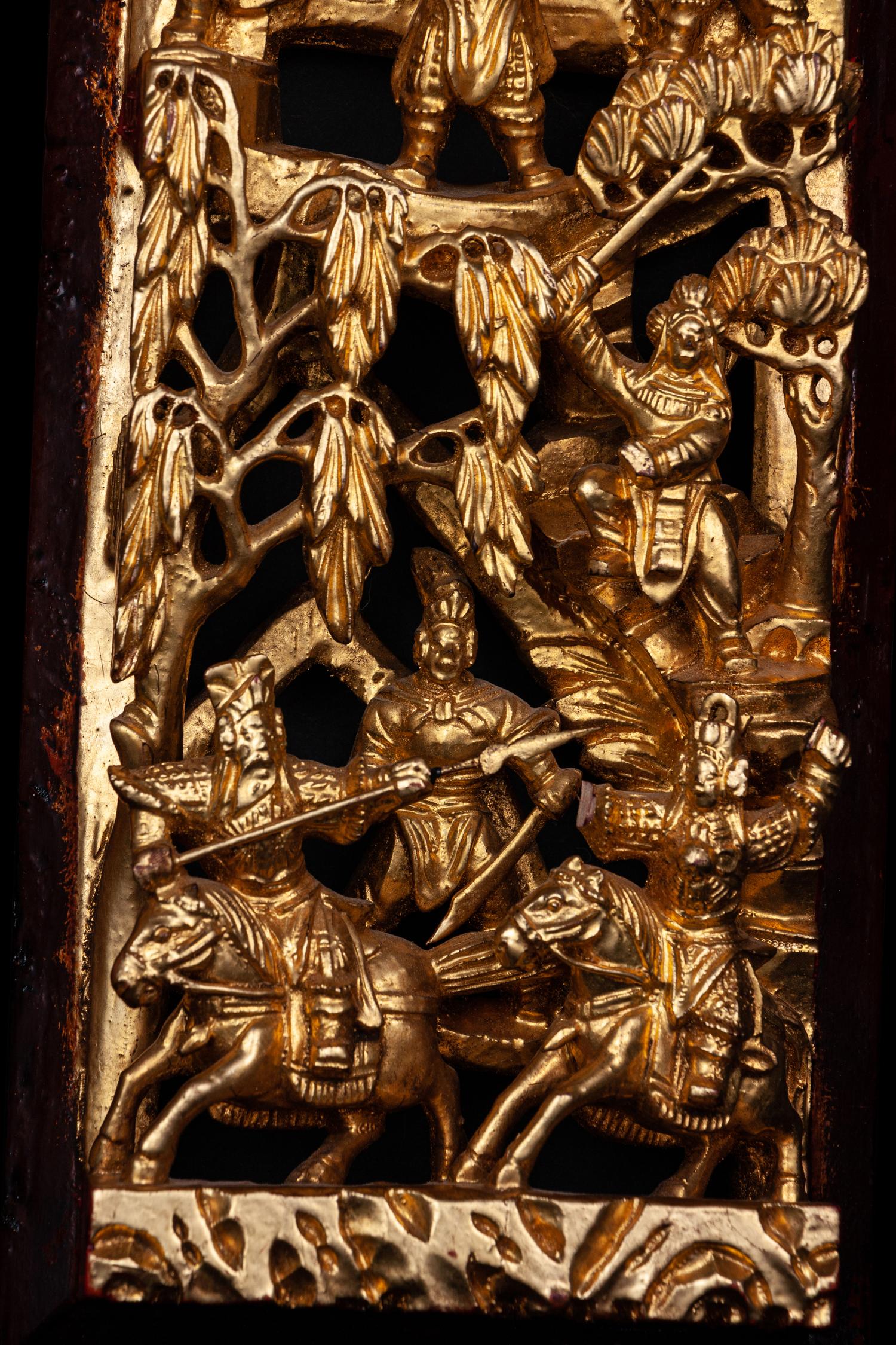 A Pair of Chinese Gilt and Red Lacquered Wood Panels