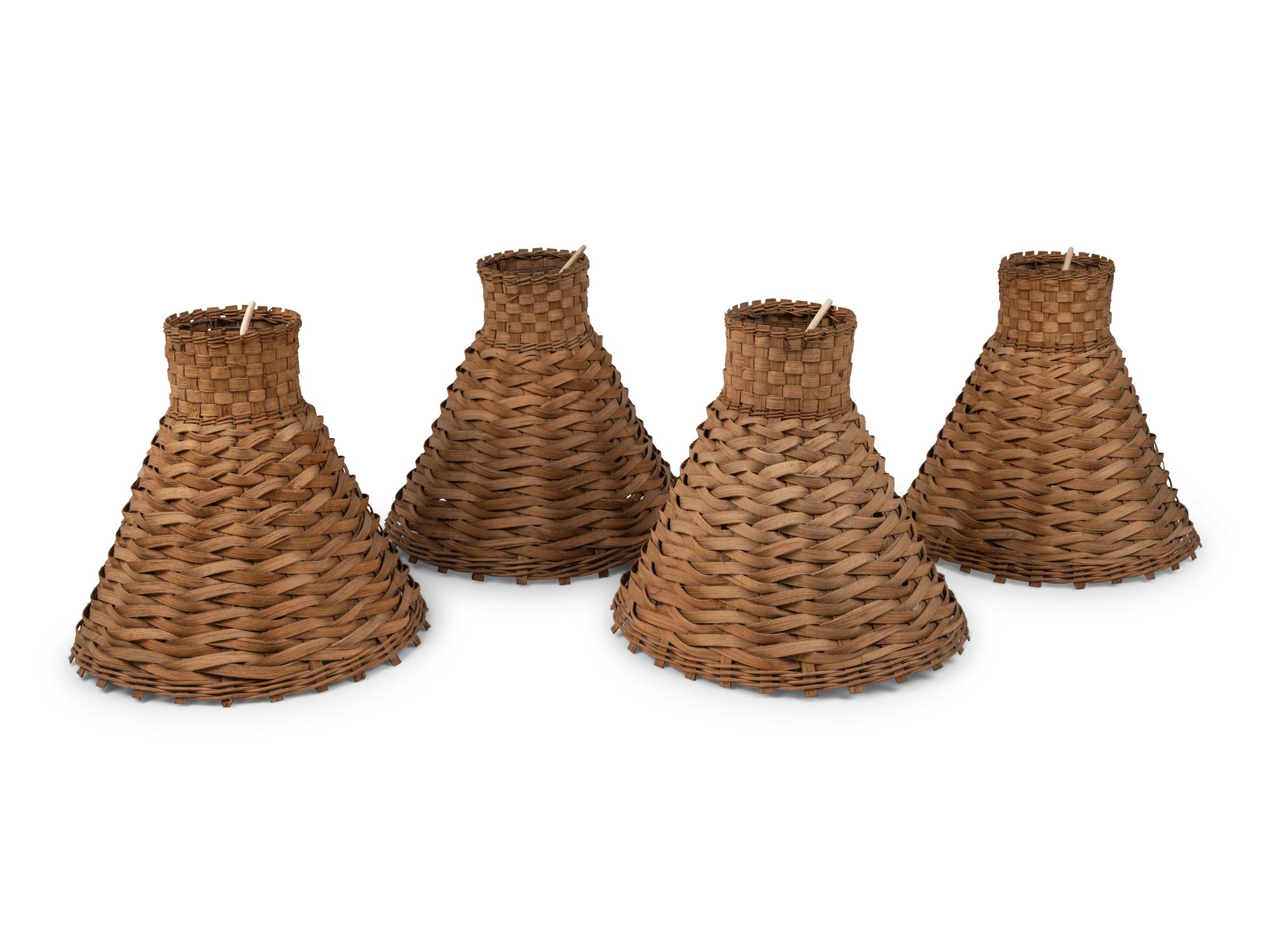 A Set of Four French Rattan Pendant Fixtures