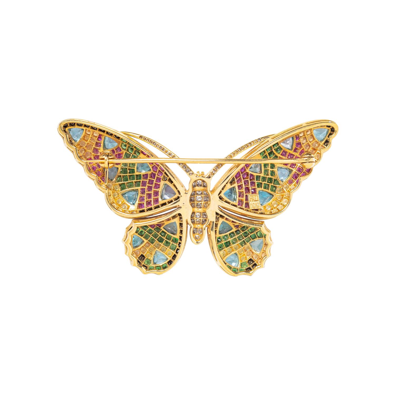 FREI, YELLOW GOLD AND MULTIGEM BUTTERFLY BROOCH