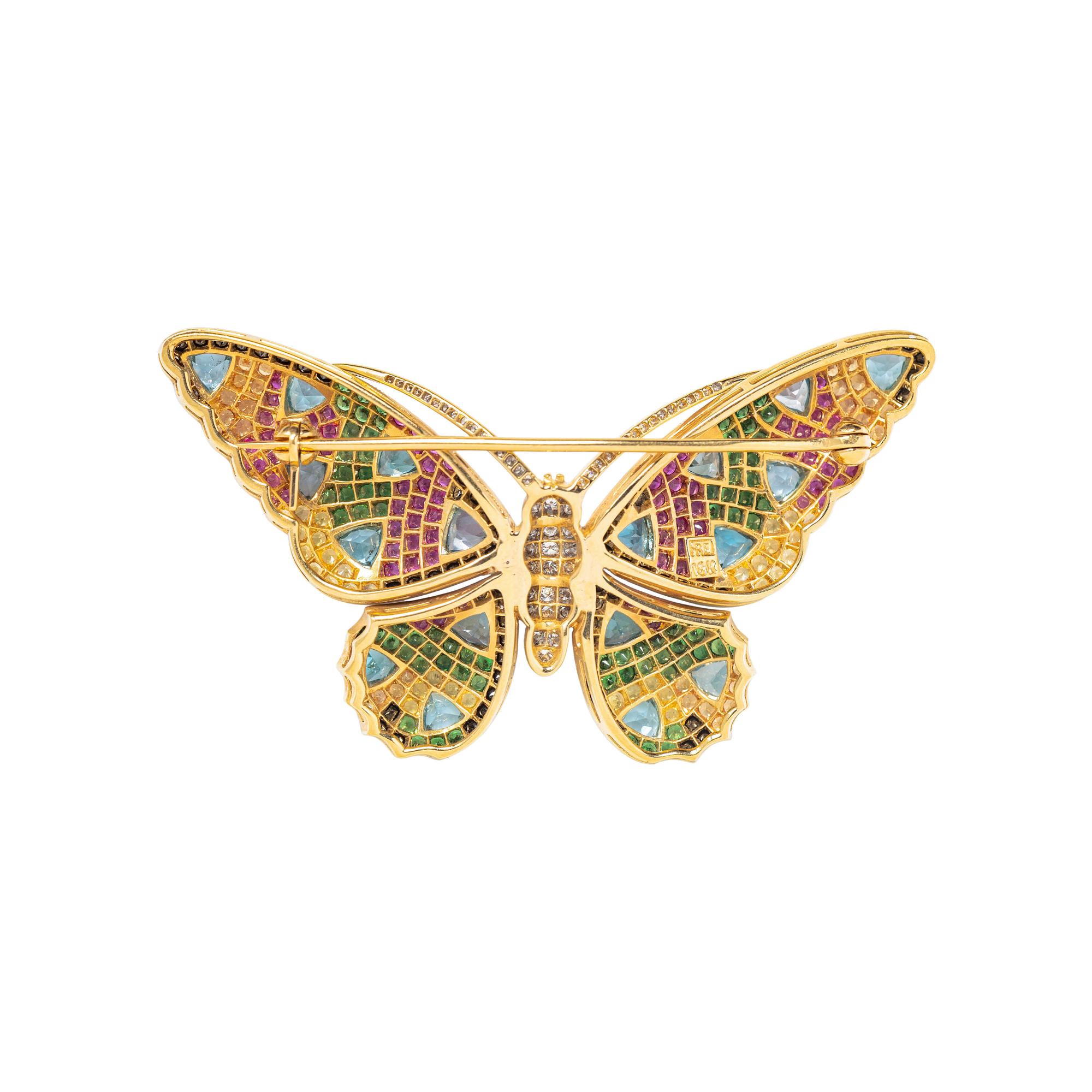 FREI, YELLOW GOLD AND MULTIGEM BUTTERFLY BROOCH