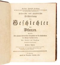 ERNSTING, Arthur Conrad (1709-1768). Historische und physikalische Beschreibung der Geschlechter der Pflanzen. Welcher Hrn. Linnaeus systematisches Verzeichnis von den Geschlechtern der Pflanzen beigefüget worden . Lemgo (North Rhine-Westphalia): gedruckt mit Meyerschen Schriften, 1762.