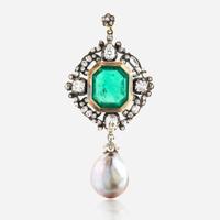 A Victorian emerald, diamond, pearl, and silver topped gold pendant/brooch
