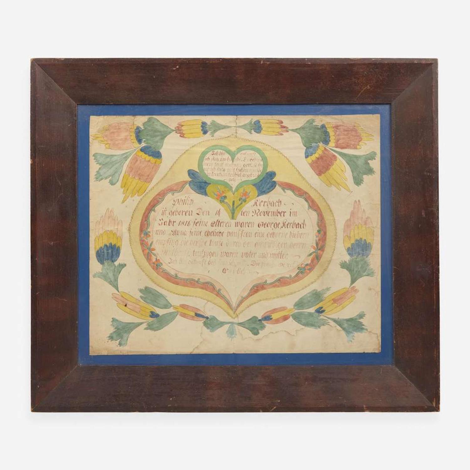 Possibly Joseph Lochbaum / Nine Hearts Artist (active 1799-1806) A Fraktur birth record for Philip Kerbach, dated "1816"