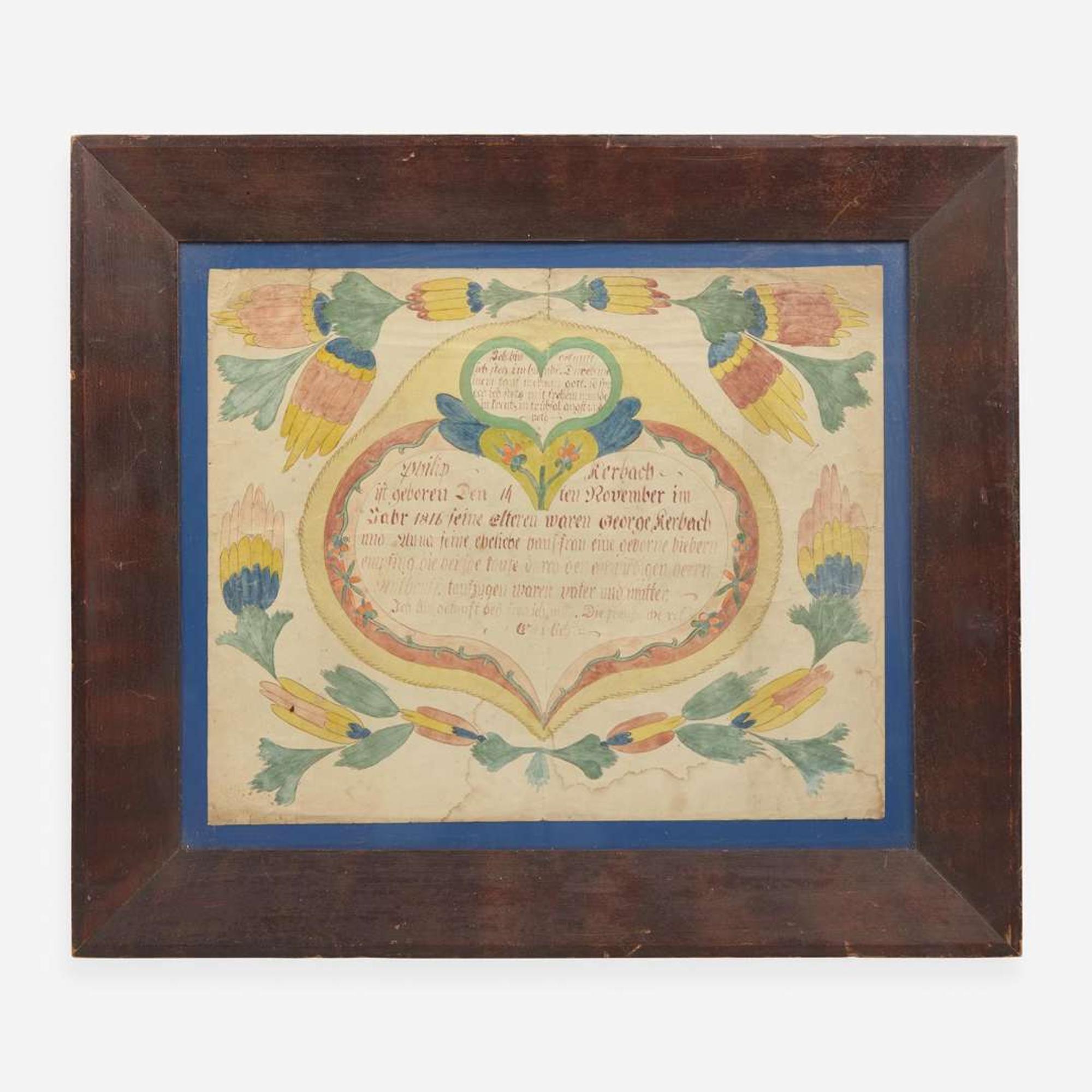 Possibly Joseph Lochbaum / Nine Hearts Artist (active 1799-1806) A Fraktur birth record for Philip Kerbach, dated "1816"