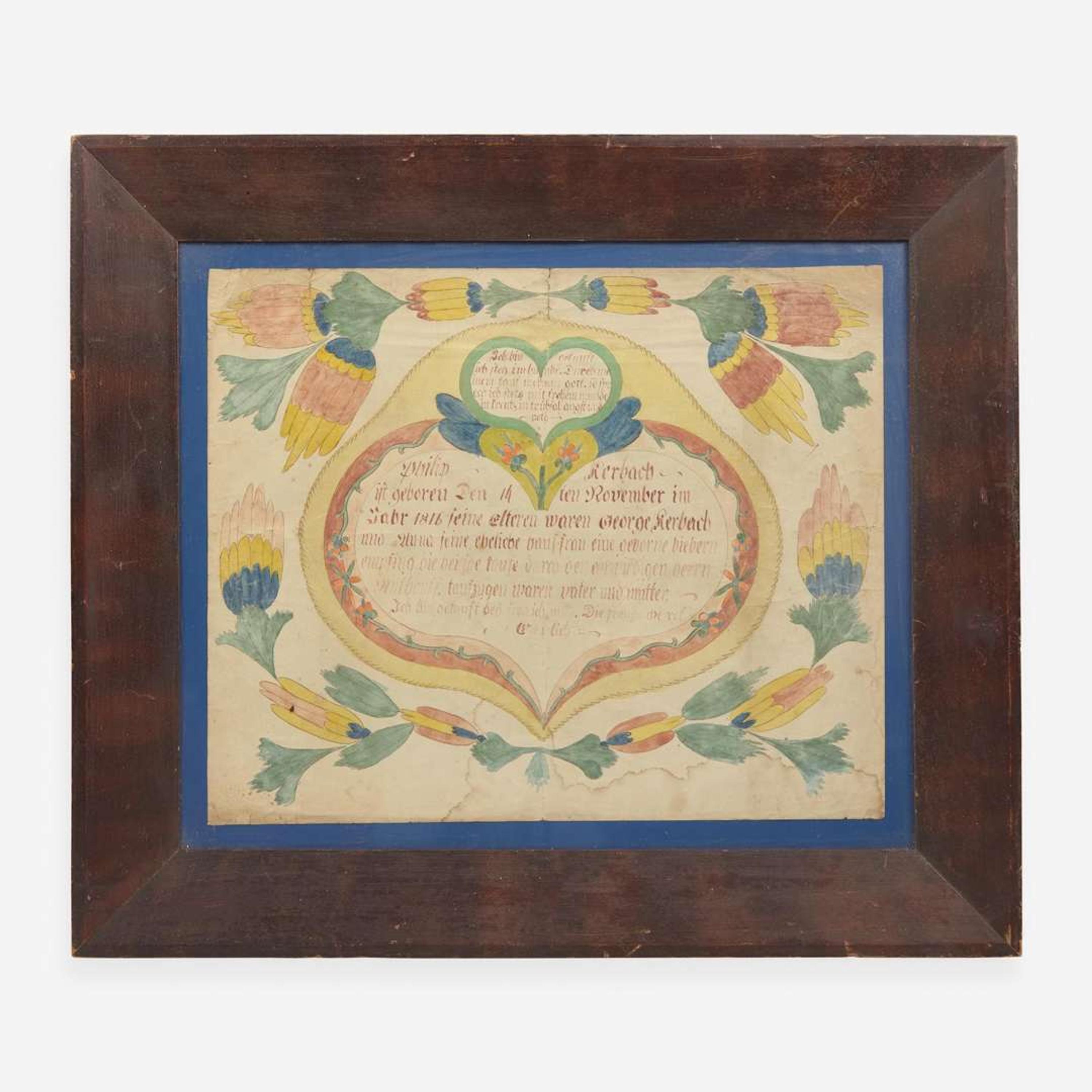 Possibly Joseph Lochbaum / Nine Hearts Artist (active 1799-1806) A Fraktur birth record for Philip Kerbach, dated "1816"