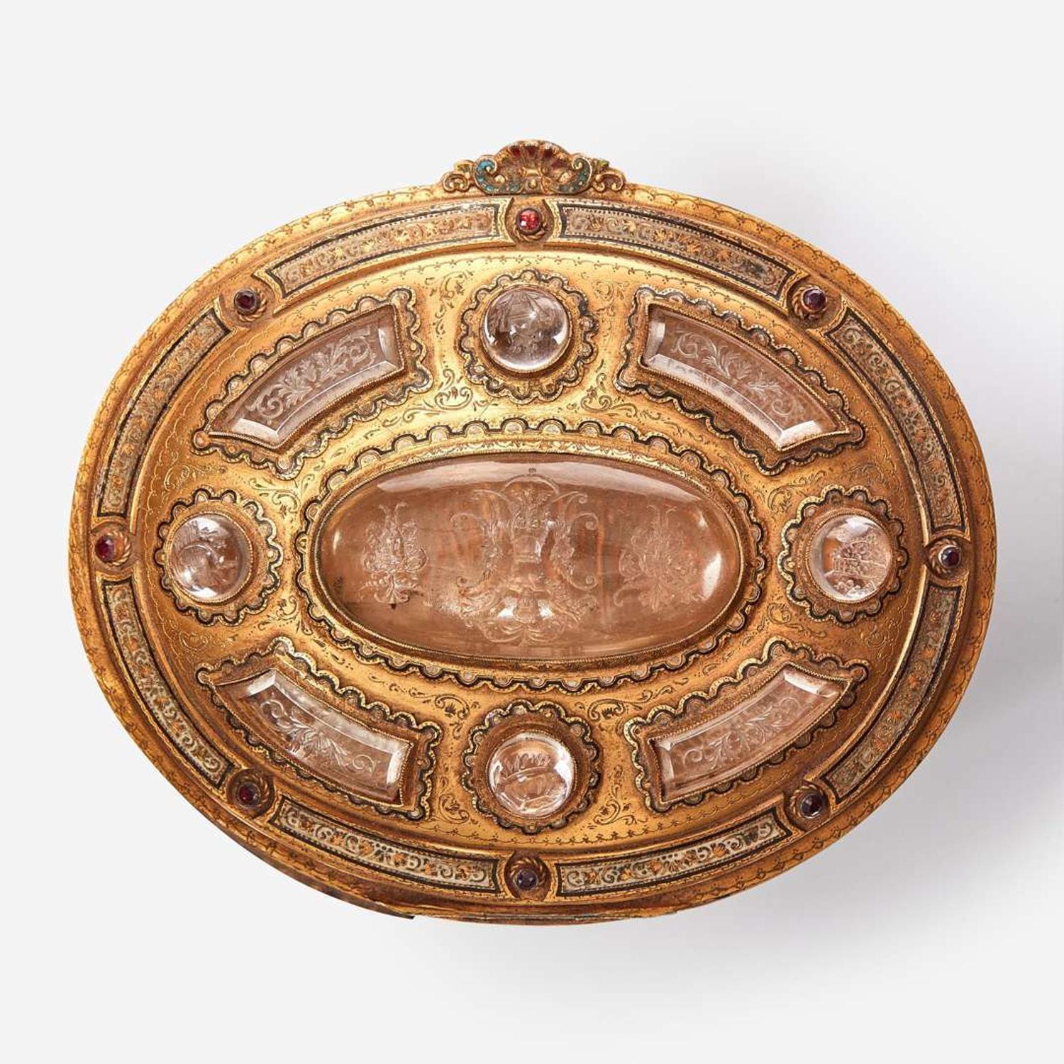 A Renaissance Revival etched glass, enamel, and gilt metal mounted casket Probably Austrian, late 19th / early 20th century
