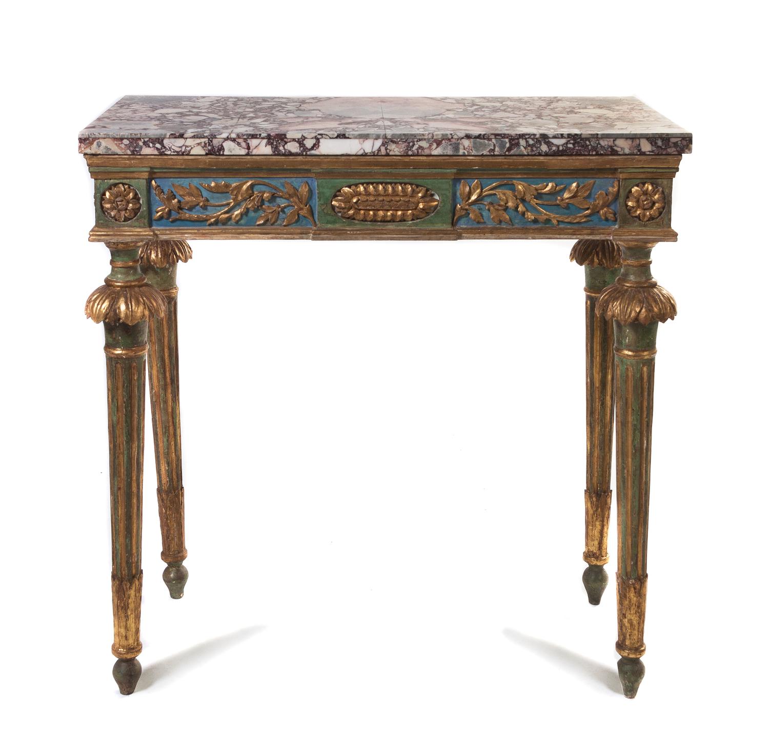 An Italian Painted and Parcel Gilt Console Table, Height 39 x width 39 3/4 x depth 19 3/4 inches.