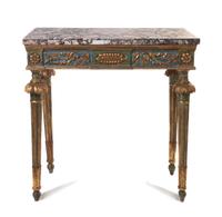 An Italian Painted and Parcel Gilt Console Table, Height 39 x width 39 3/4 x depth 19 3/4 inches.