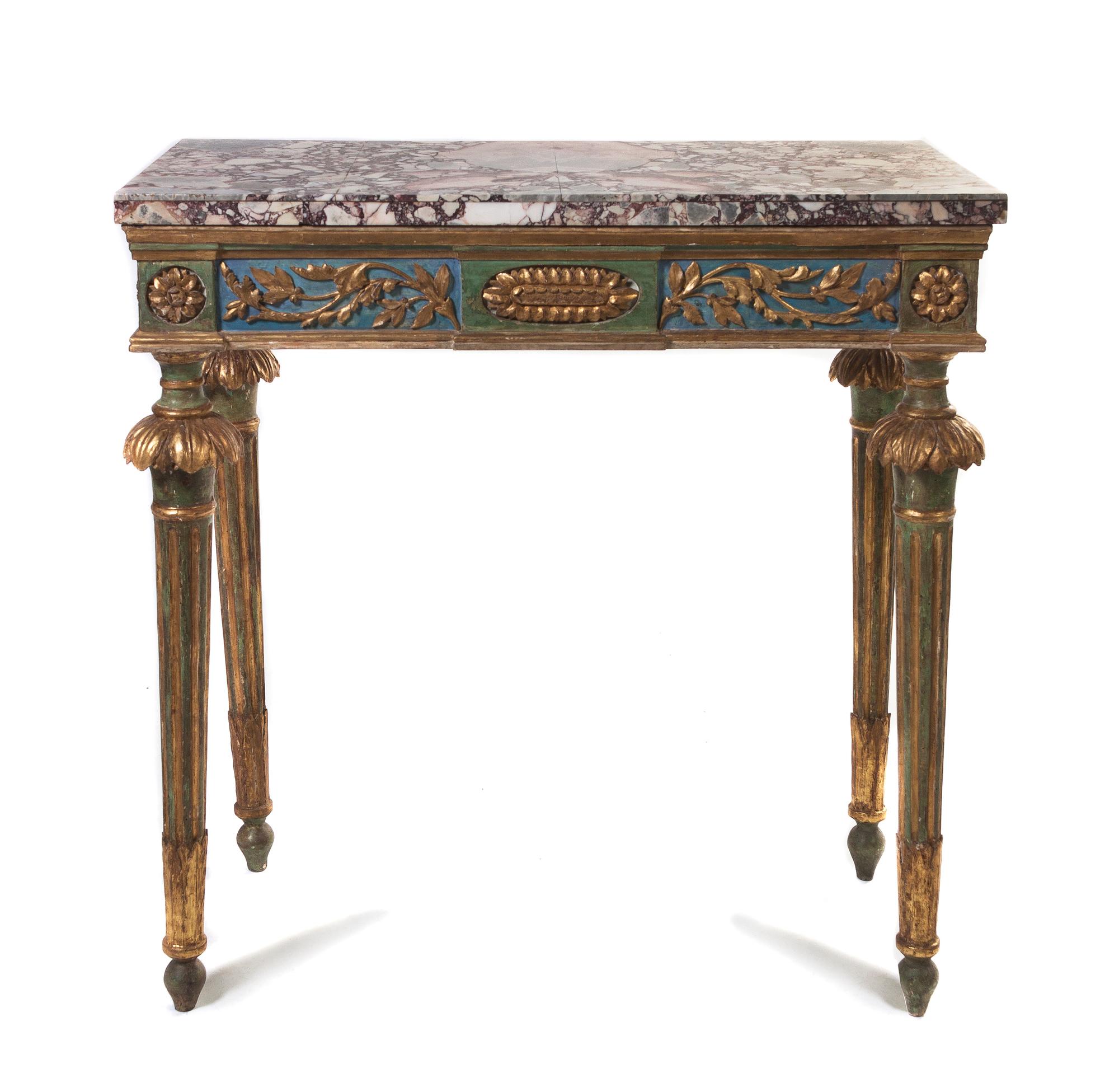 An Italian Painted and Parcel Gilt Console Table, Height 39 x width 39 3/4 x depth 19 3/4 inches.