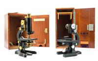 Two English Black Lacquered Microscopes Height of taller 12 1/2 inches.