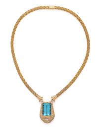 YELLOW GOLD, AQUAMARINE AND DIAMOND NECKLACE