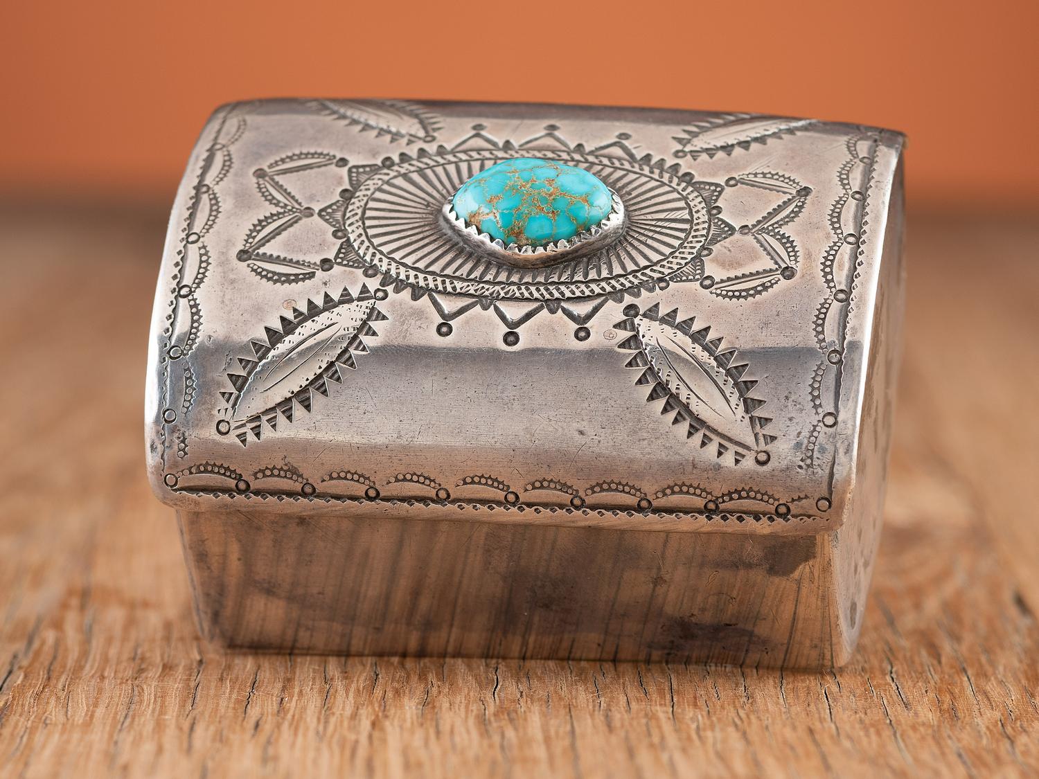 Navajo Stamped Silver and Turquoise Box, Crafted from a Repurposed Ketoh