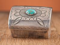 Navajo Stamped Silver and Turquoise Box, Crafted from a Repurposed Ketoh