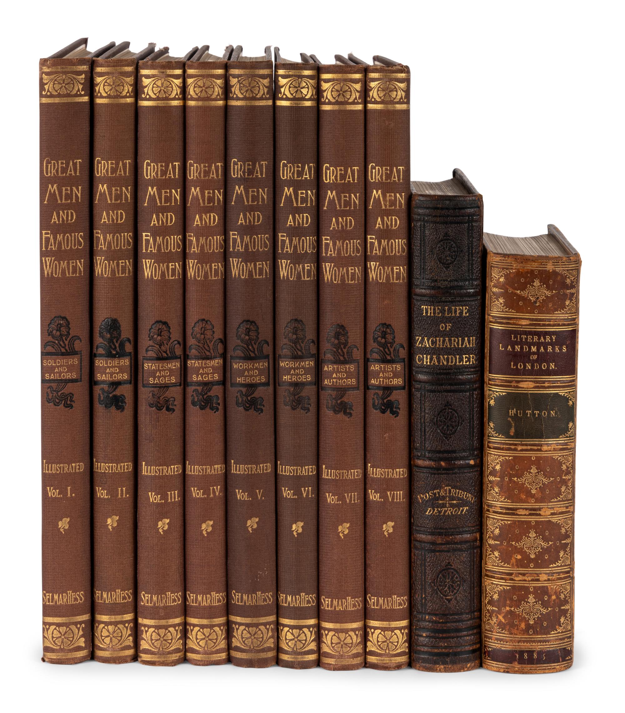 [FINE BINDINGS]. A group of 10 volumes in fine full leather or cloth bindings, including works relating to biographies and literature.