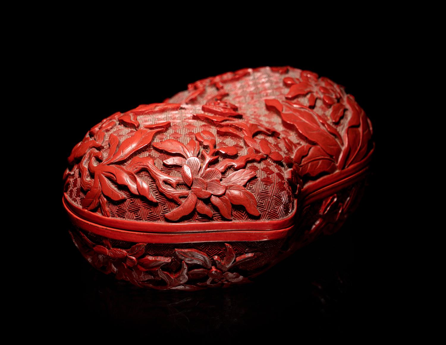 A Chinese Cinnabar Lacquer Double-Peach Form Box and Cover