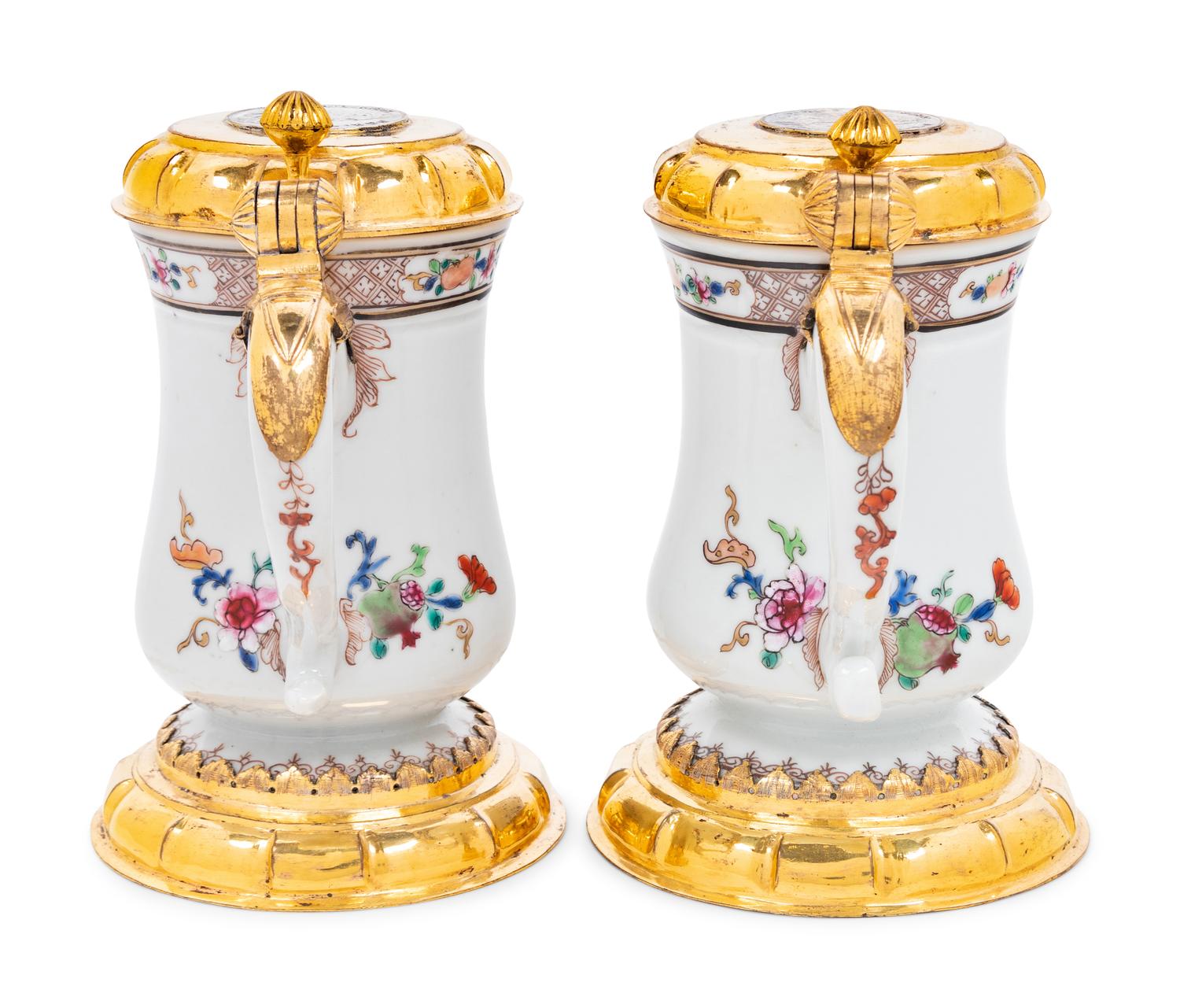 A Pair of Silver-Gilt Mounted Famille Rose Porcelain Tankards