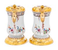 A Pair of Silver-Gilt Mounted Famille Rose Porcelain Tankards
