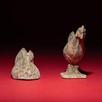 A Chinese Painted Pottery Mandarin Duck and a Cockerel, Han Dynasty — 漢 灰陶彩繪鴛鴦與小公雞